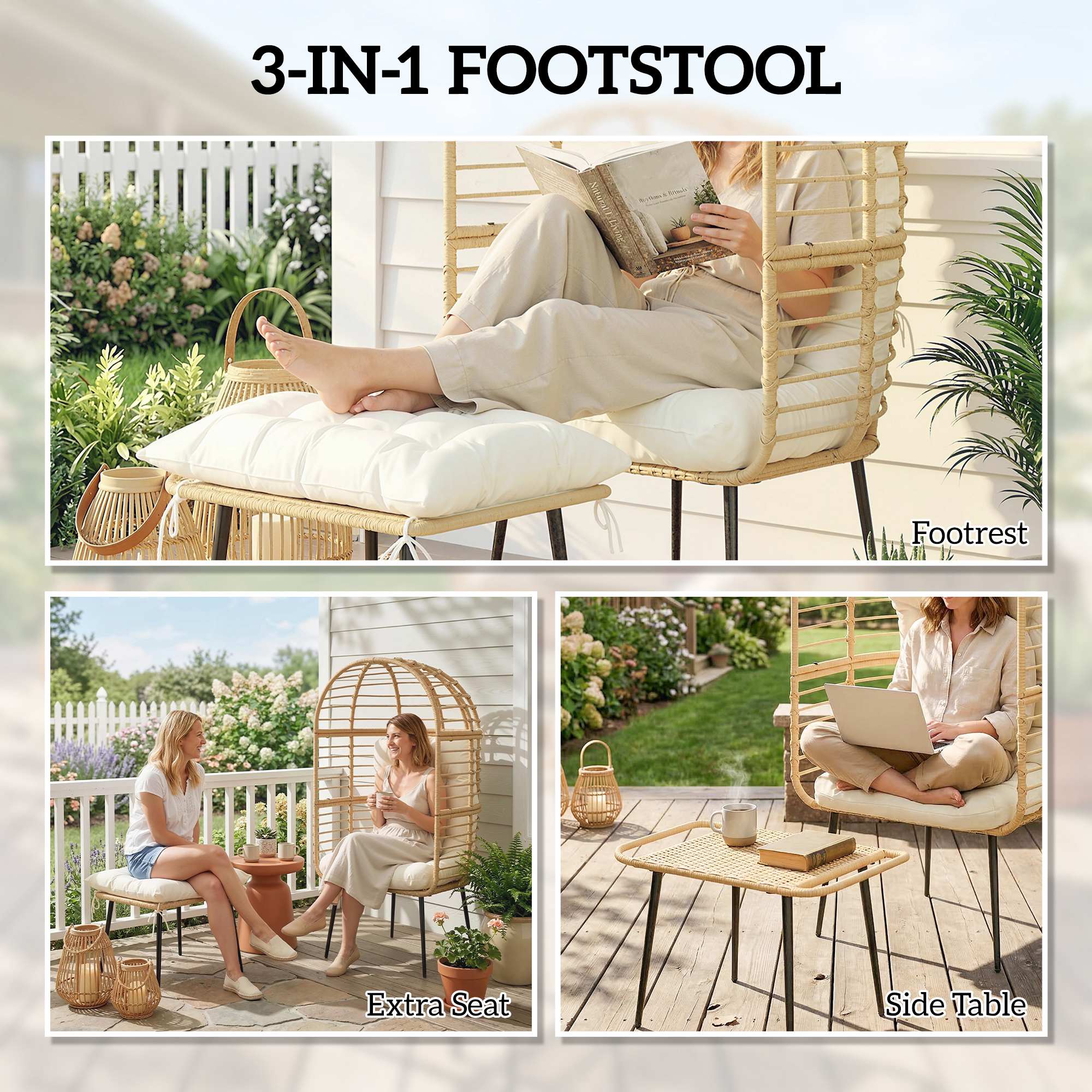 Garden Egg Chair with Footstool, Rattan Indoor Outdoor Lounge Chair and Ottoman Set with Thick Cushions, Beige