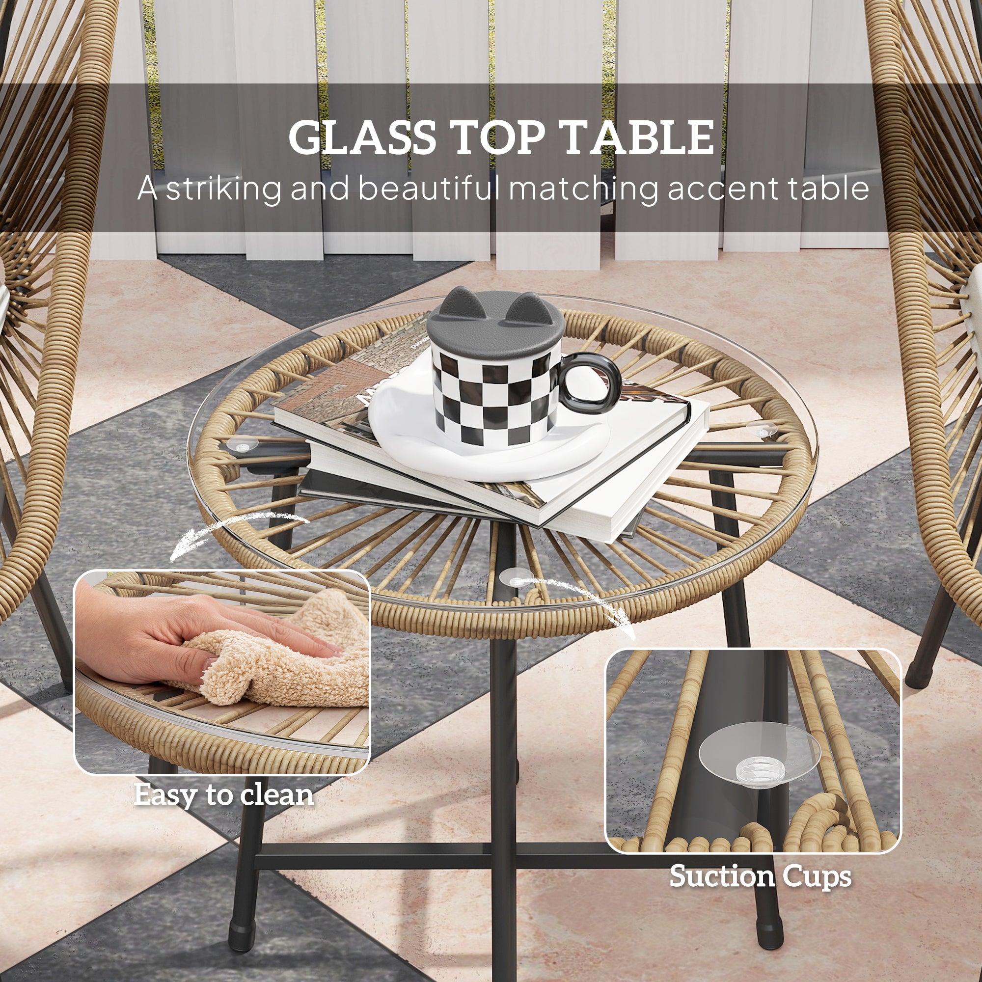 3 Pieces Rattan Bistro Set with Cushions and Glass Top Table for Outdoor Patio Balcony - Natural