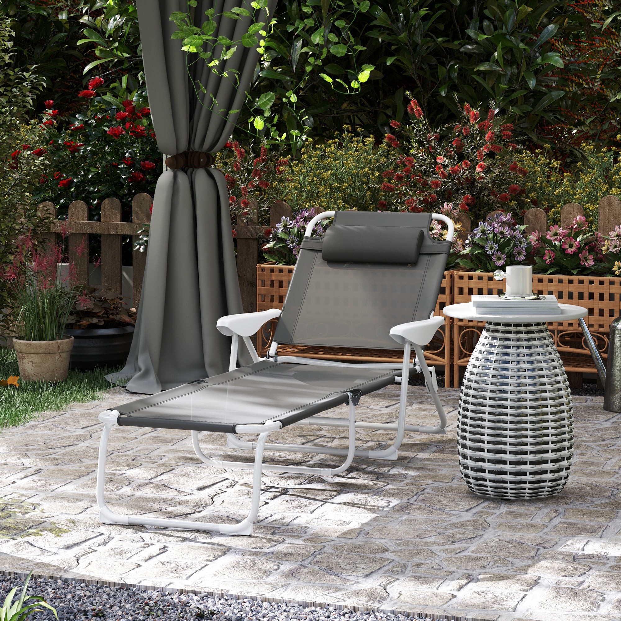 Foldable Lounge Chair with 4-Level Adjustable Backrest & Headrest - Charcoal Grey