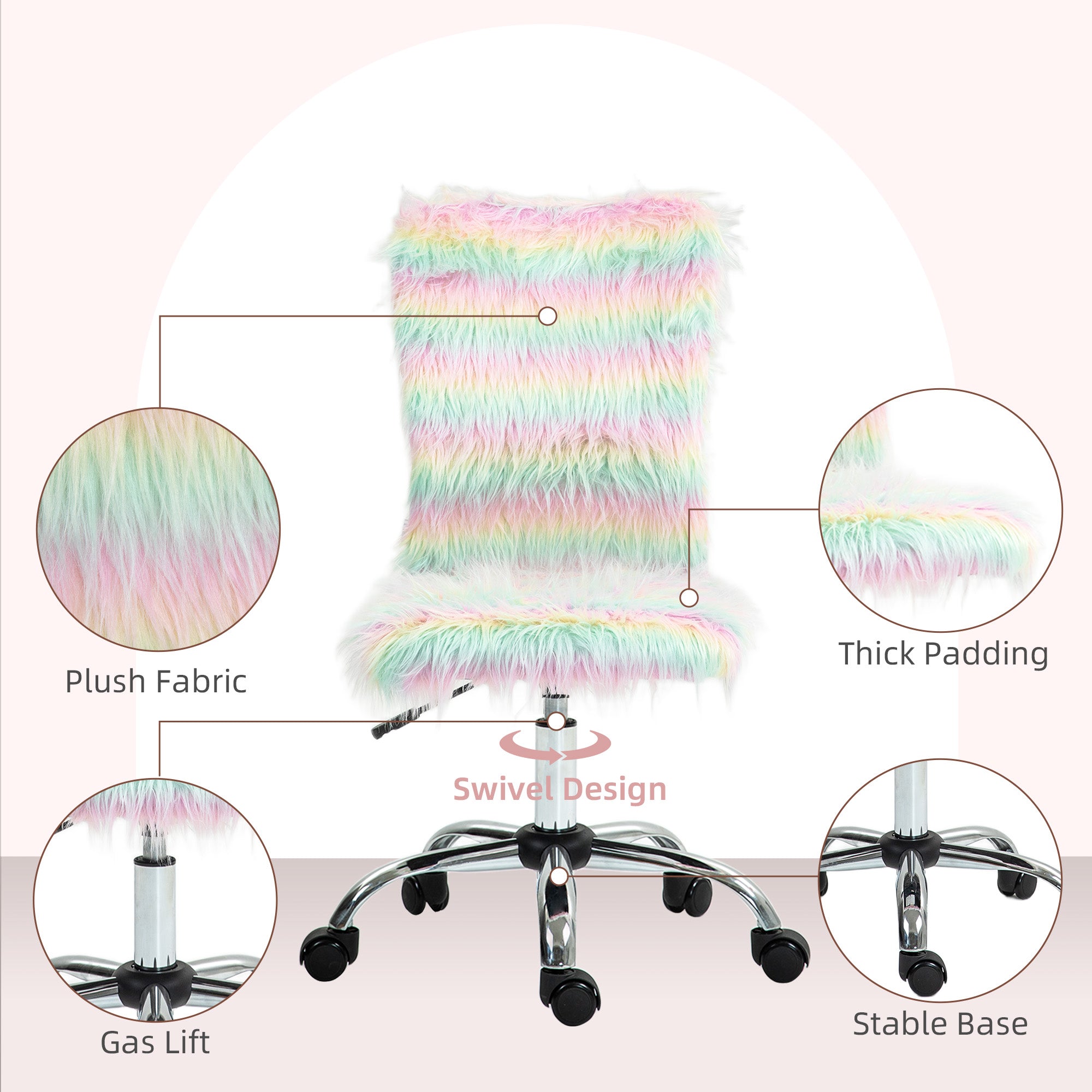 Armless Computer Desk Chair, Fluffy Fabric Swivel Office Chair, Makeup Vanity Chair with Height Adjustable, Wheels, for Home Study Bedroom, Multicolour