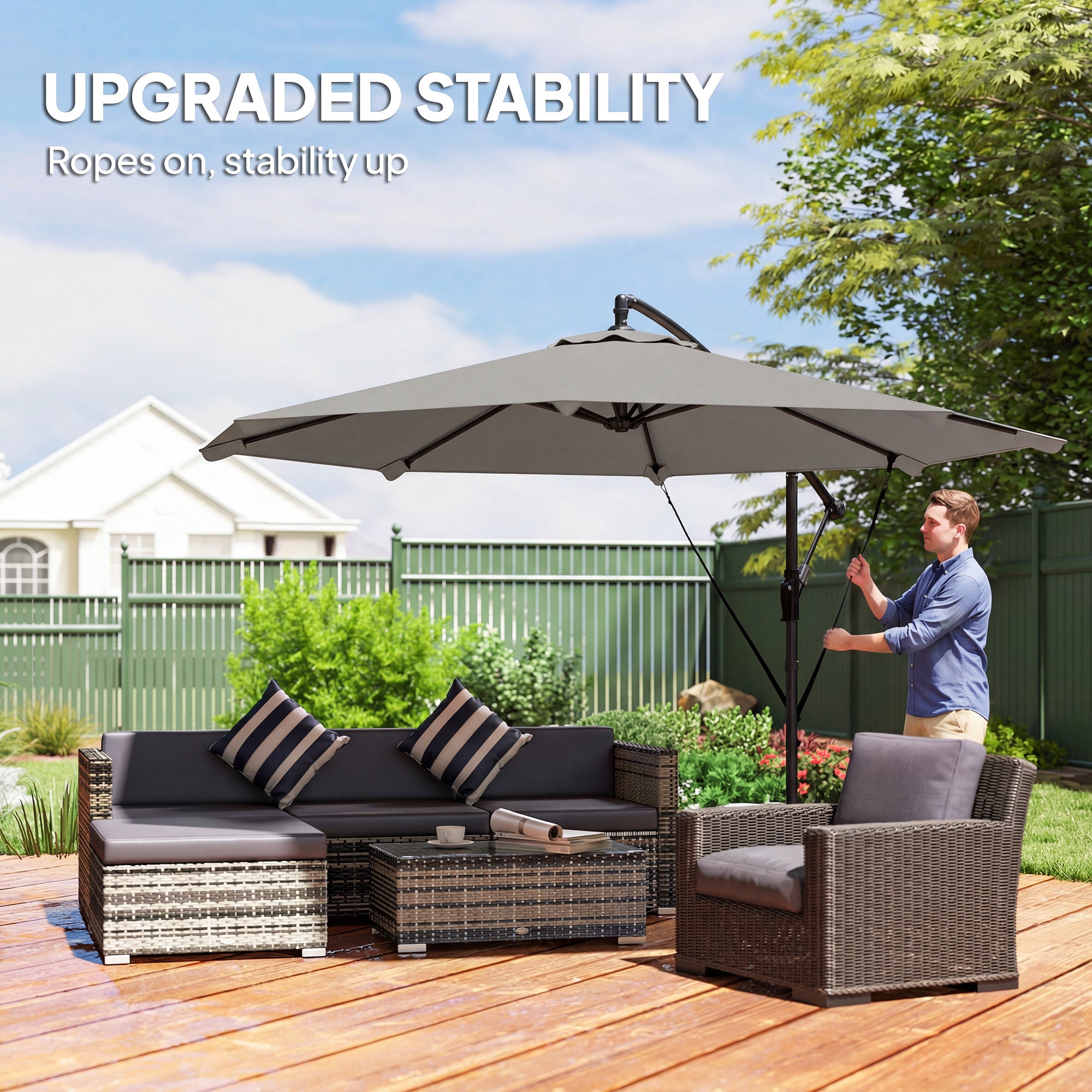3 m Cantilever Parasol with Protective Cover and Wind Ropes, Banana Parasol with Crank Handle, Light Grey