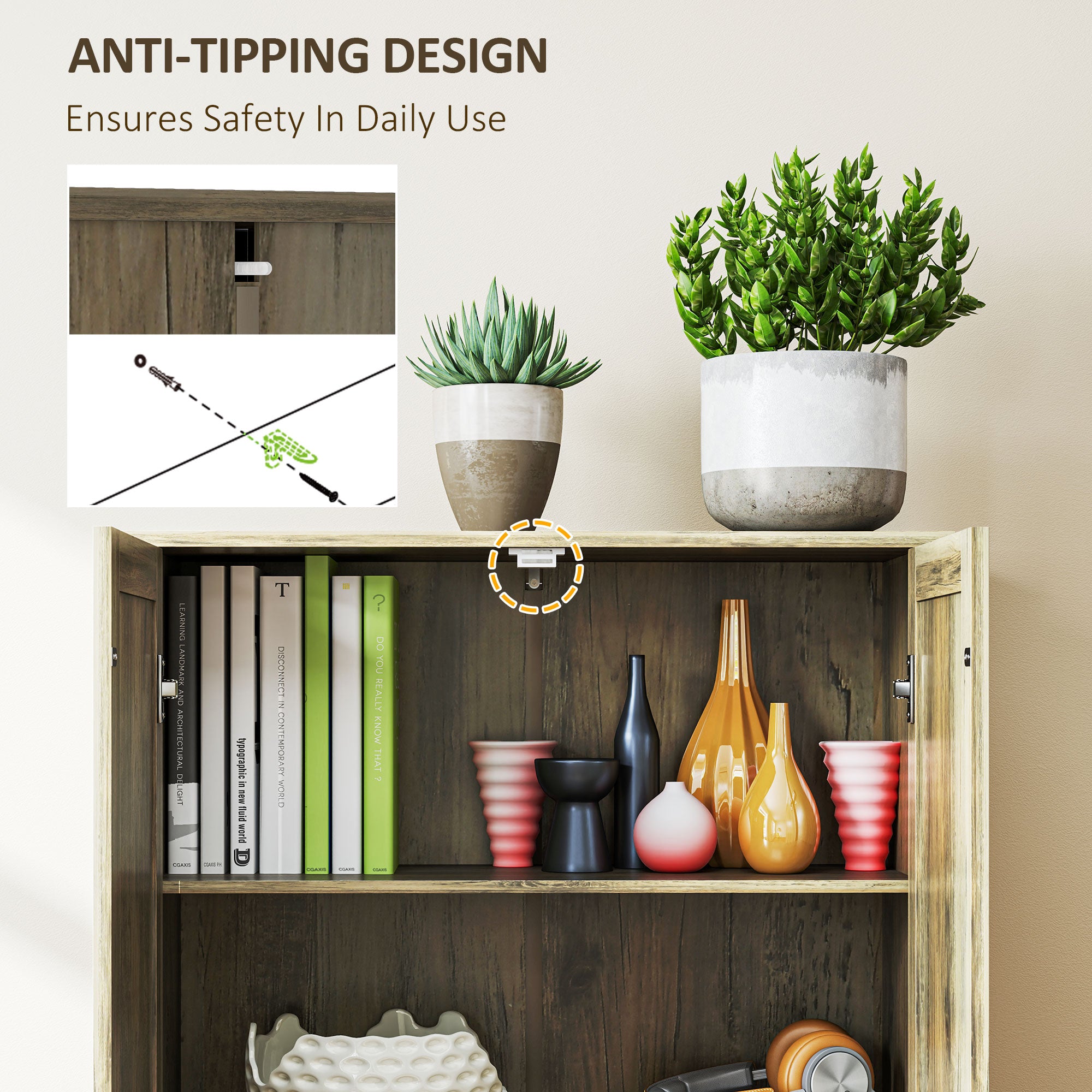 Farmhouse Kitchen Cupboard, Freestanding Kitchen Storage Cabinet with Adjustable Shelves, Tall Storage Cabinet with Recessed Doors, Grey Wood-Effect