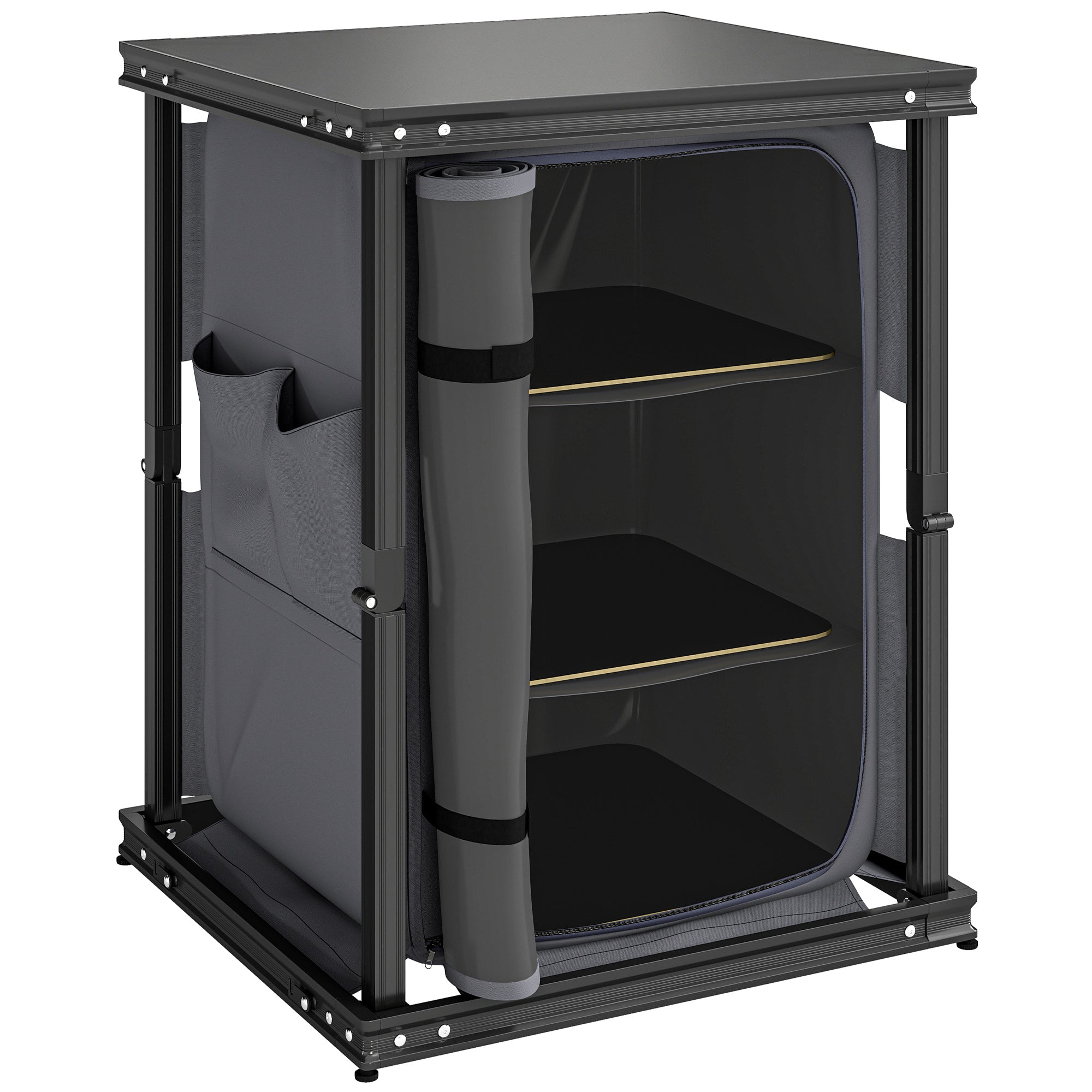 Camping Camping Cupboards, Folding Portable Kitchen Table with 3-Tier Storage, Black