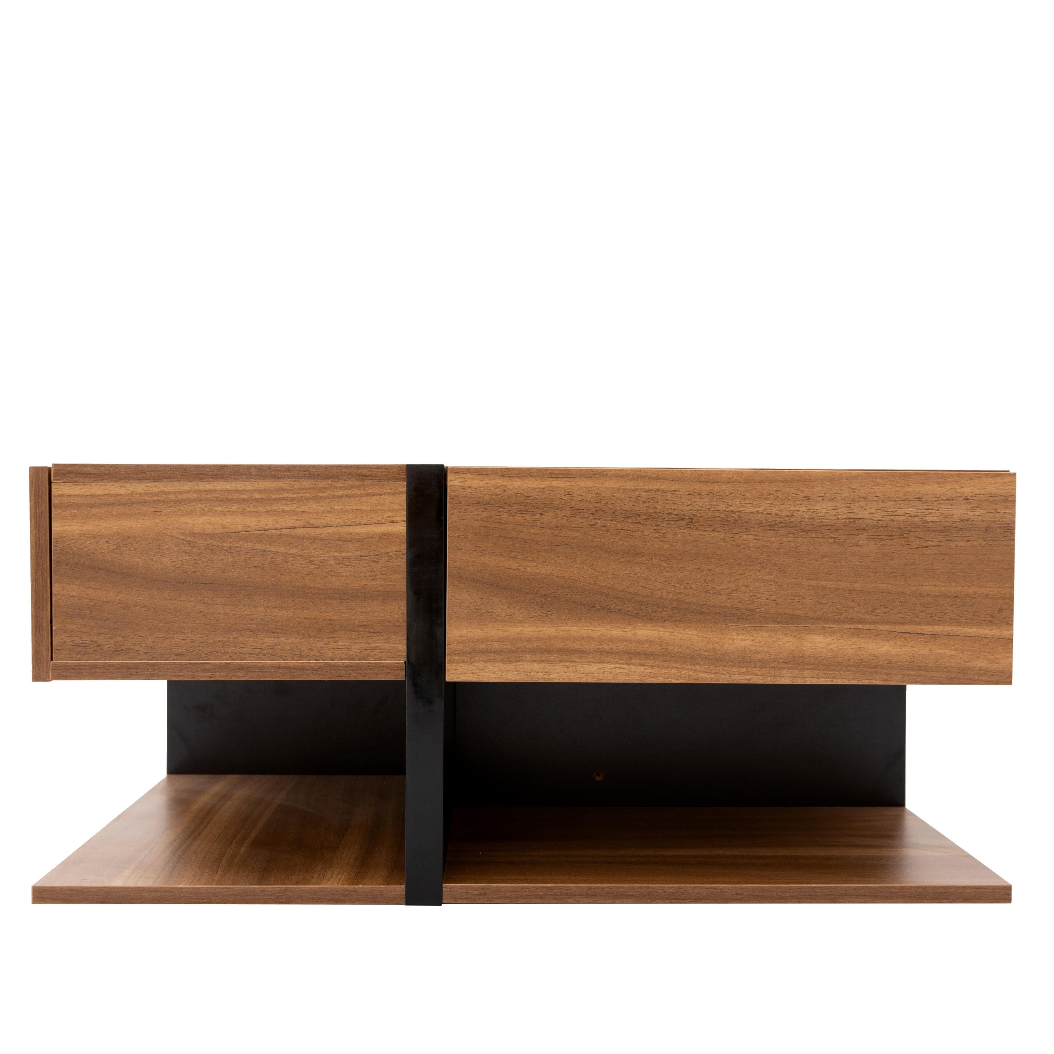 Square Coffee Table with 4 Drawers, Unique Pattern, Bottom Storage, 78L x 78W x 36H cm, Natural