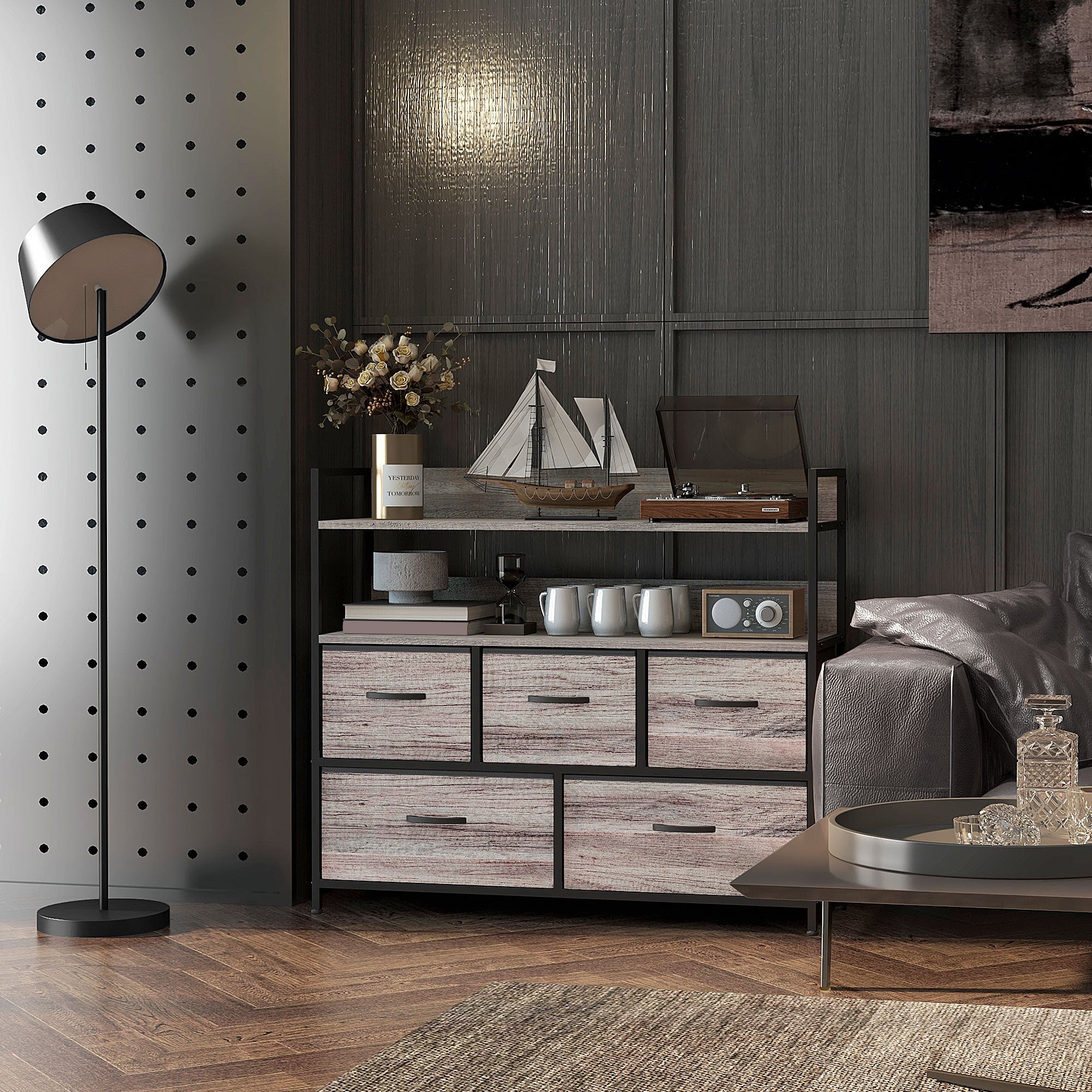 Rustic Chest of Five Fabric Drawers - Grey Wood Effect