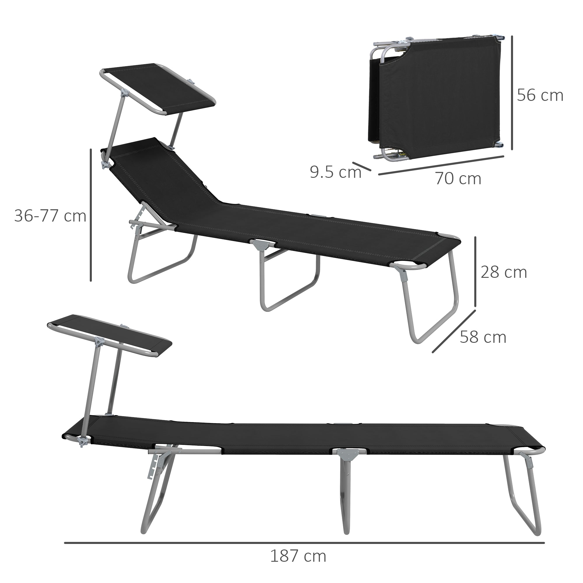 Foldable Sun Lounger Set of 2 with Sun Shade & Adjustable Backrest - Black