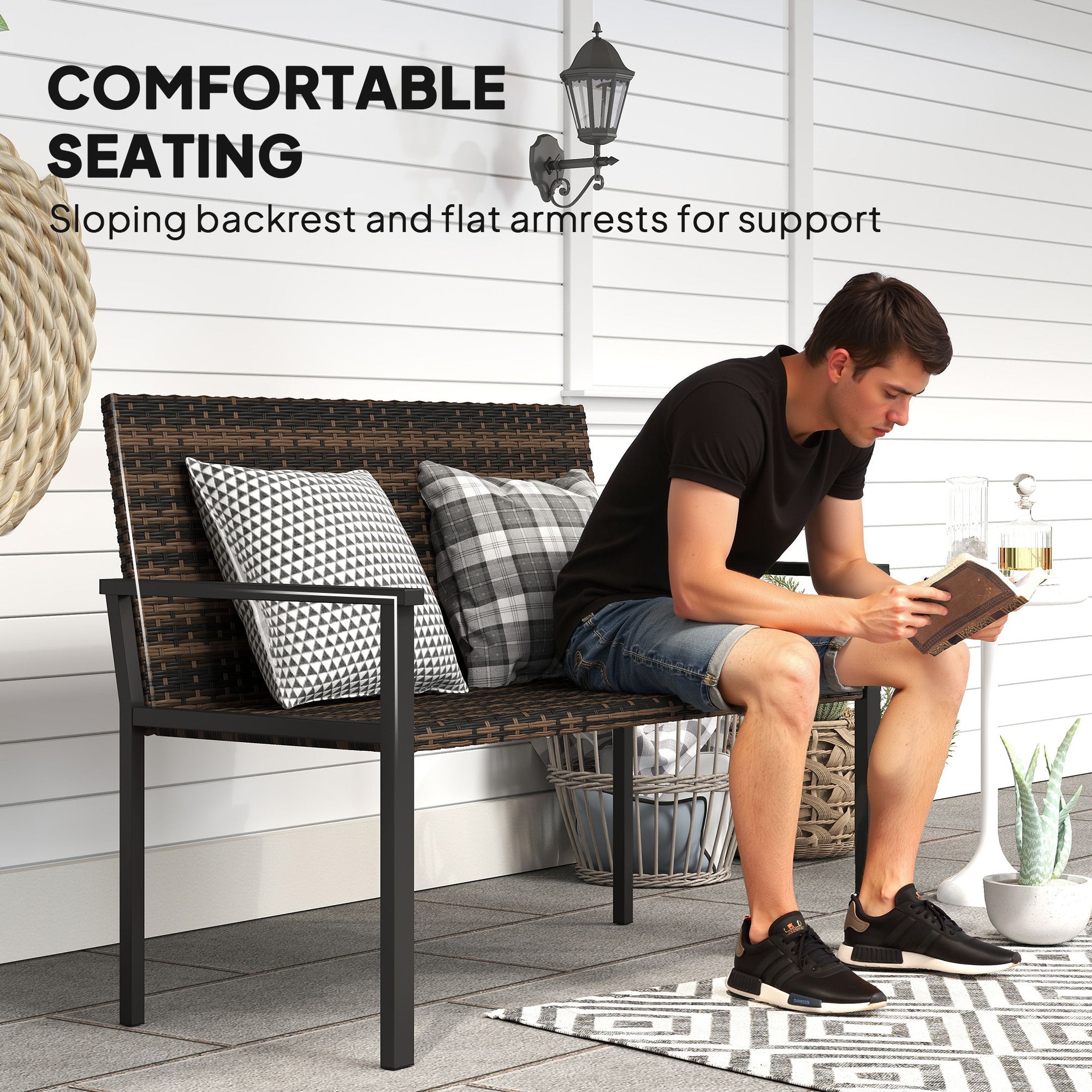 2 Seater Rattan Garden Bench, Outdoor Bench with Quick-Drying Cotton Padding, Wicker Garden Loveseat with Armrests, Steel Frame for Patio, Park, Mixed Brown