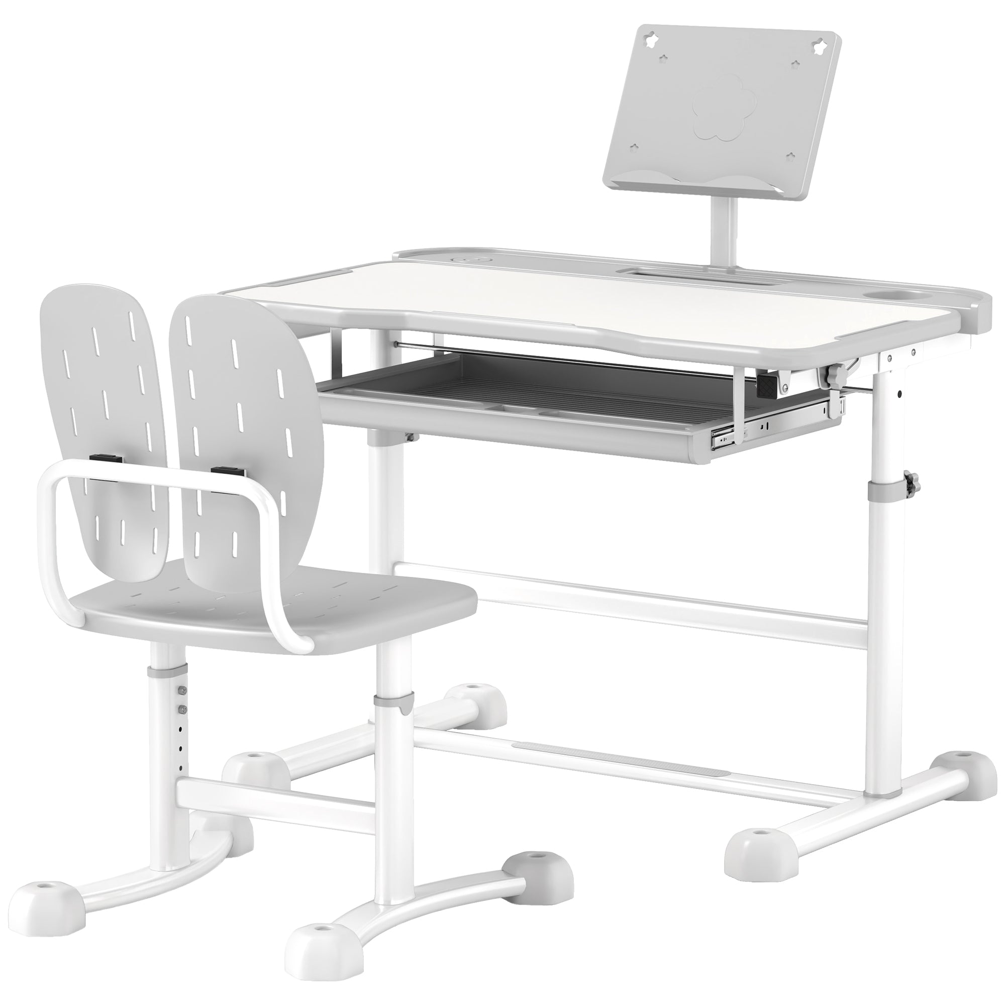 Height Adjustable Kids Desk and Chair Set, School Study Writing, Reading Table Chair Set w/ Tilted Desktop, Grey