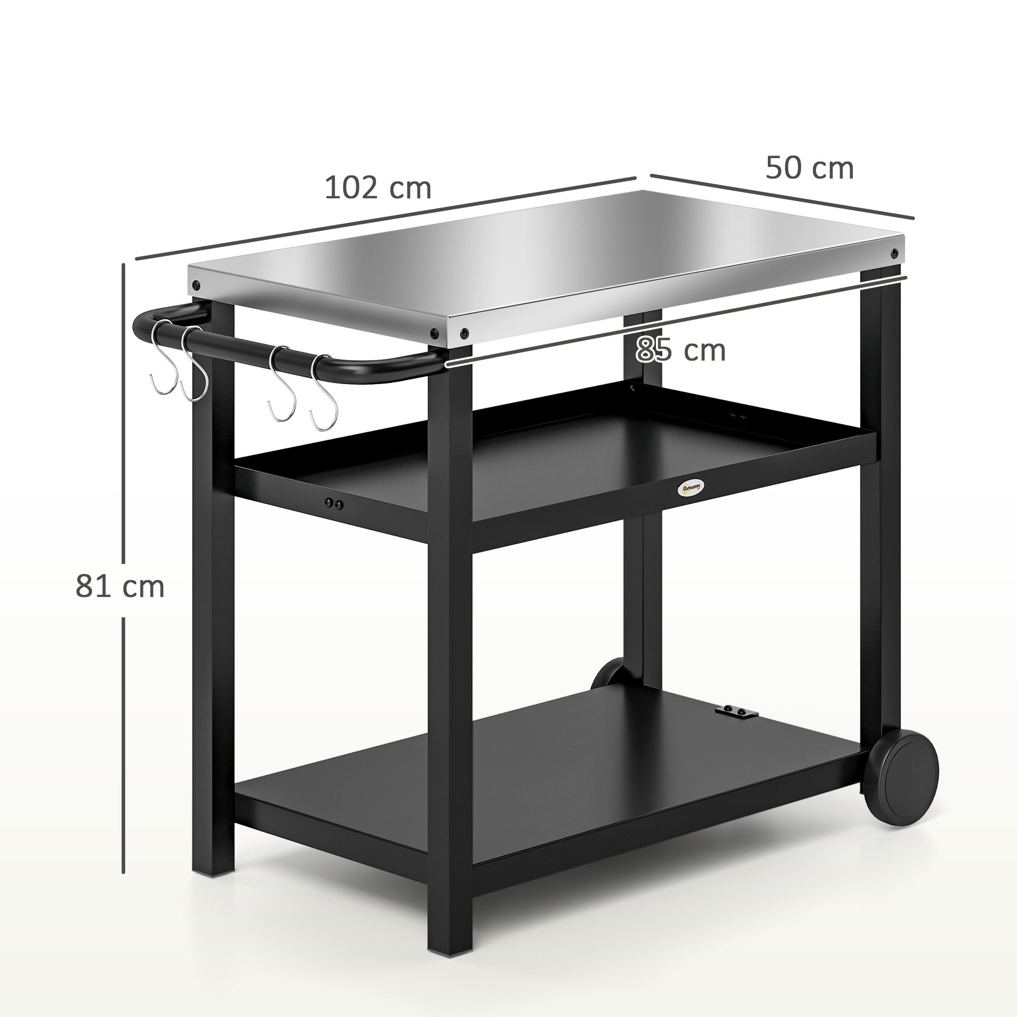 Outdoor Grill Dining Cart 3-Shelf Movable Pizza Oven Table Stand with Stainless Steel Top, Portable BBQ Trolley Food Prep Outdoor Kitchen BBQ Station with Hooks Wheels Handle, Charcoal Grey