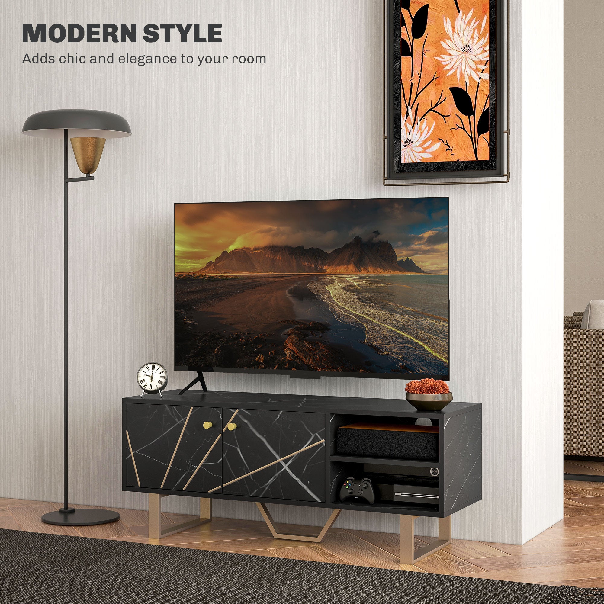 TV Stand Cabinet for TVs up to 50 Inches with Storage Shelves and Cupboard - Black Marble Tone