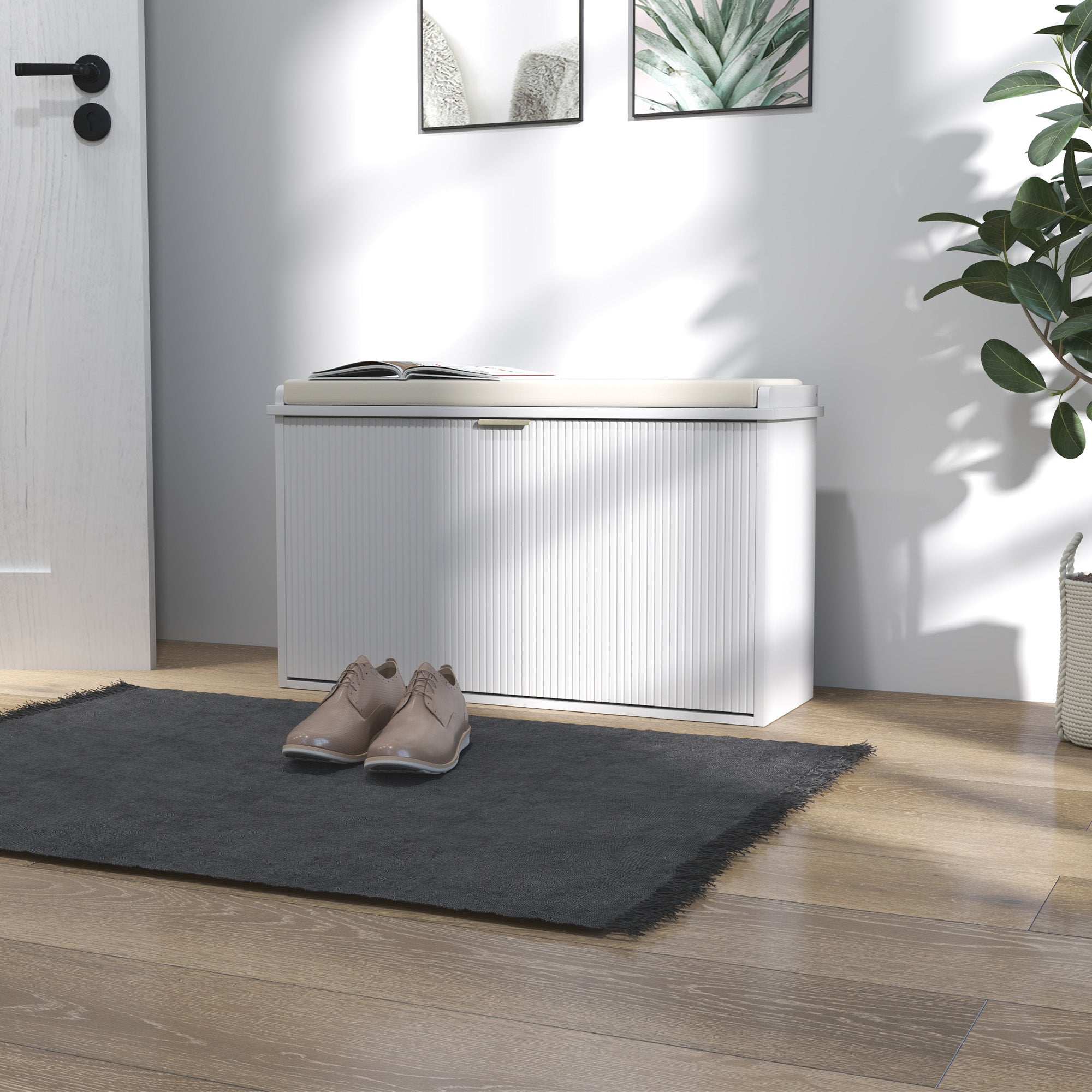 Elegant Eight Shoe Bench with Padded Seat and Flip Drawer Storage - White