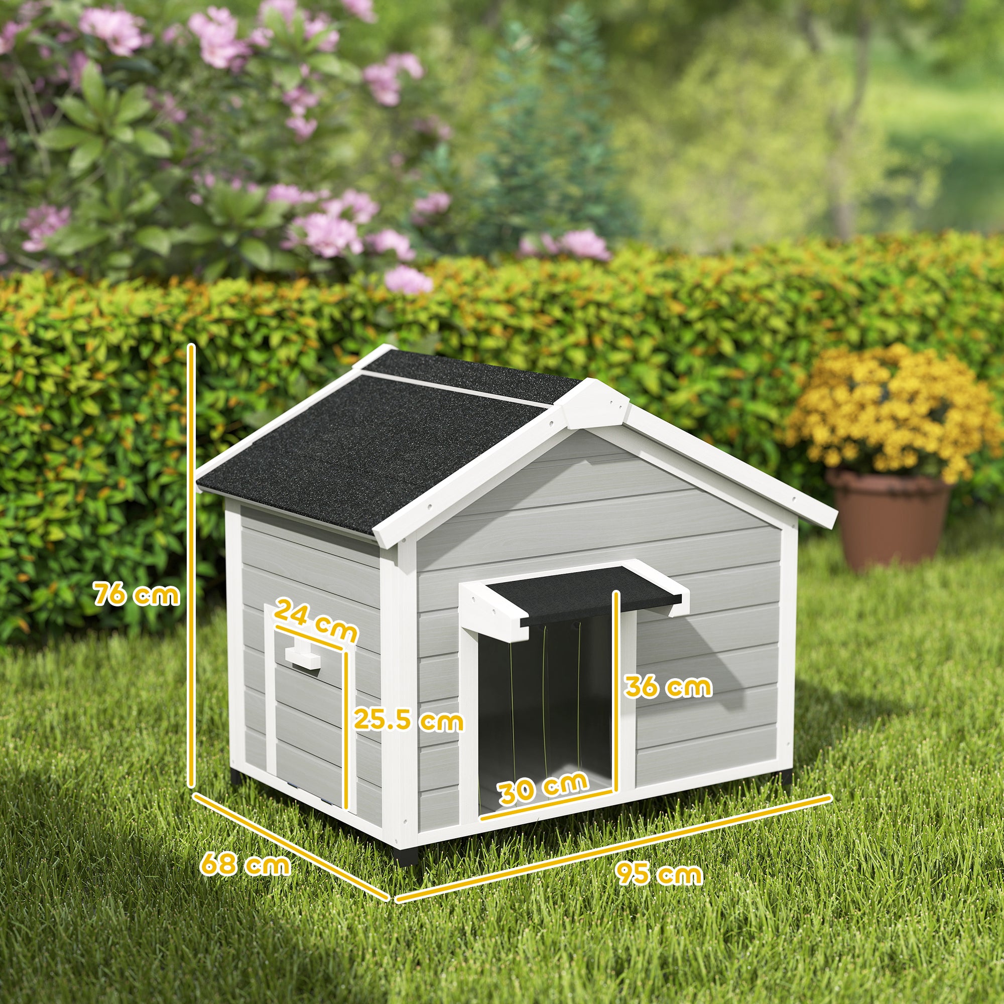 Wooden Dog House Outdoor with Openable Roof, Removable Floor, Curtain, Elevated Feet, for Medium Dogs, Light Grey