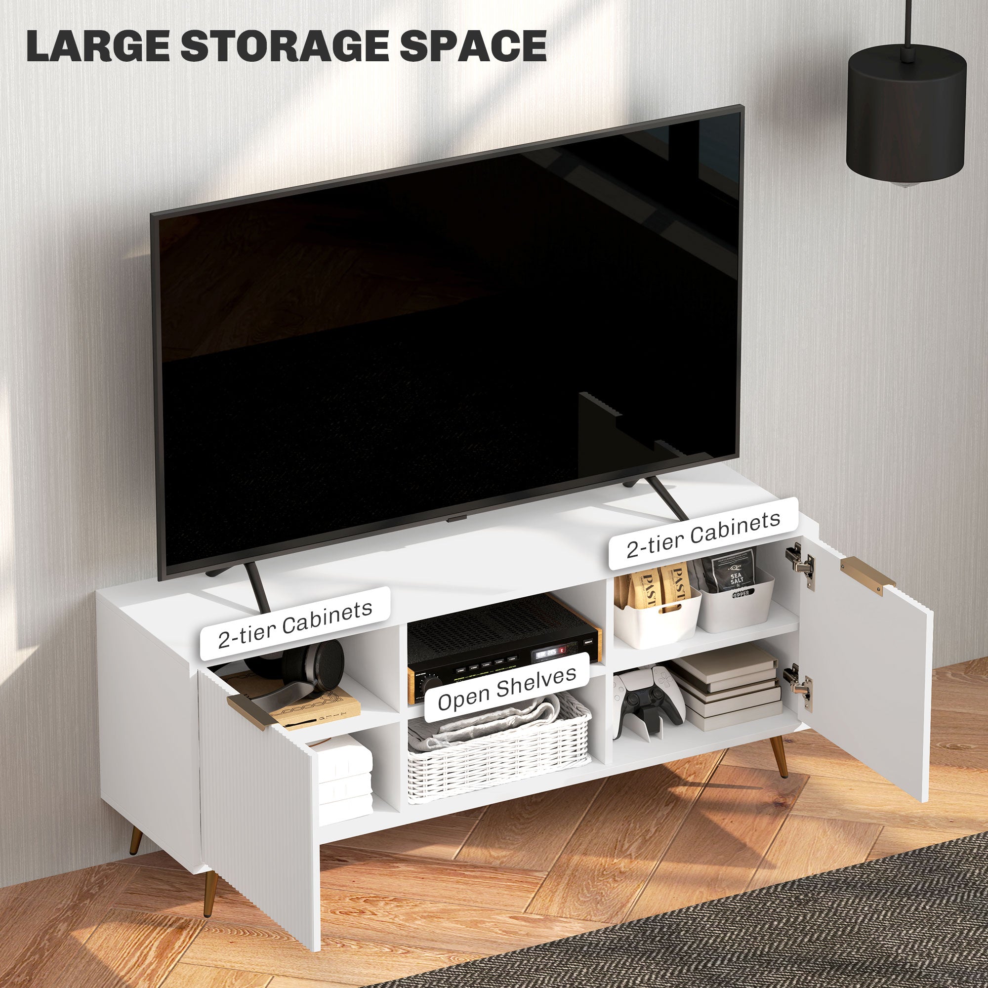 Modern TV Stand Cabinet for TVs up to 55" with 2 Open Shelves & 2 Cabinets, Cable Management - White