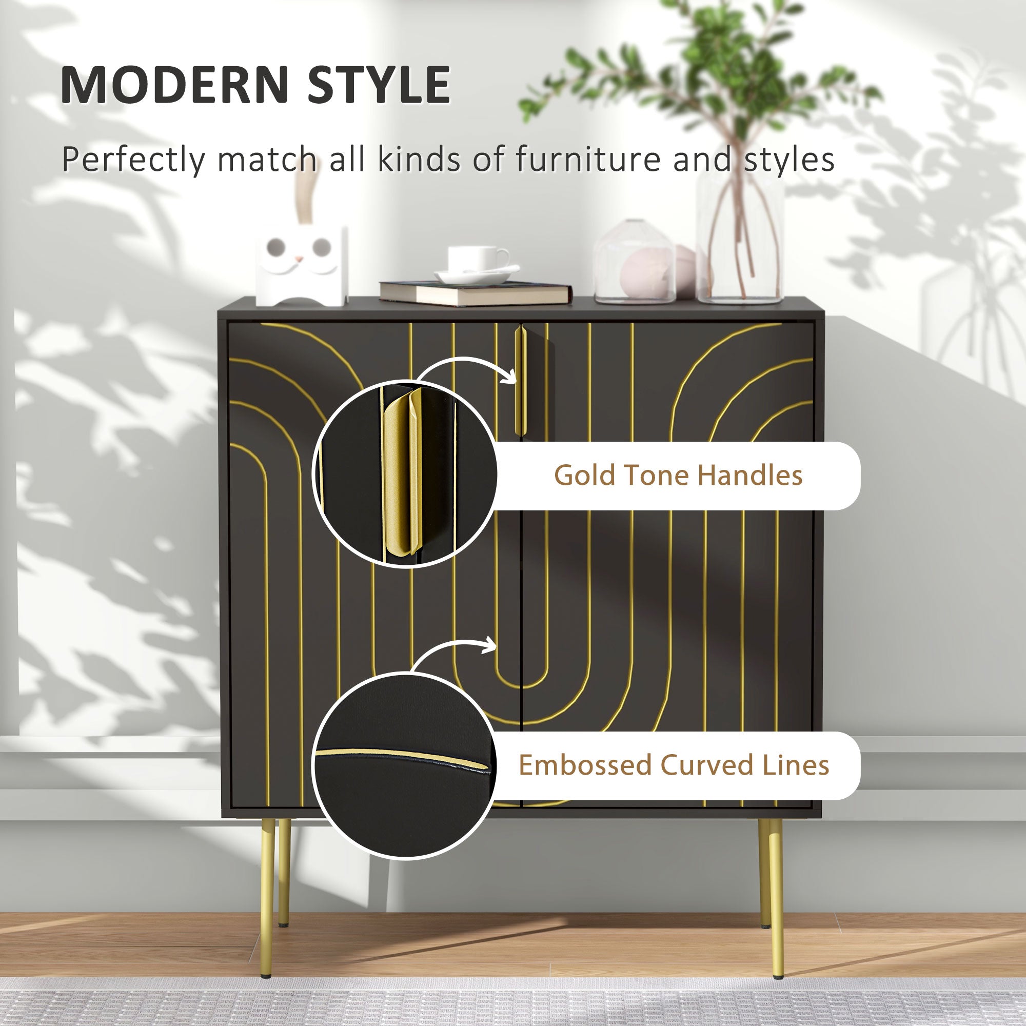 Art Deco Inspired Sideboard, with Adjustable Shelf - Black/Gold Tone