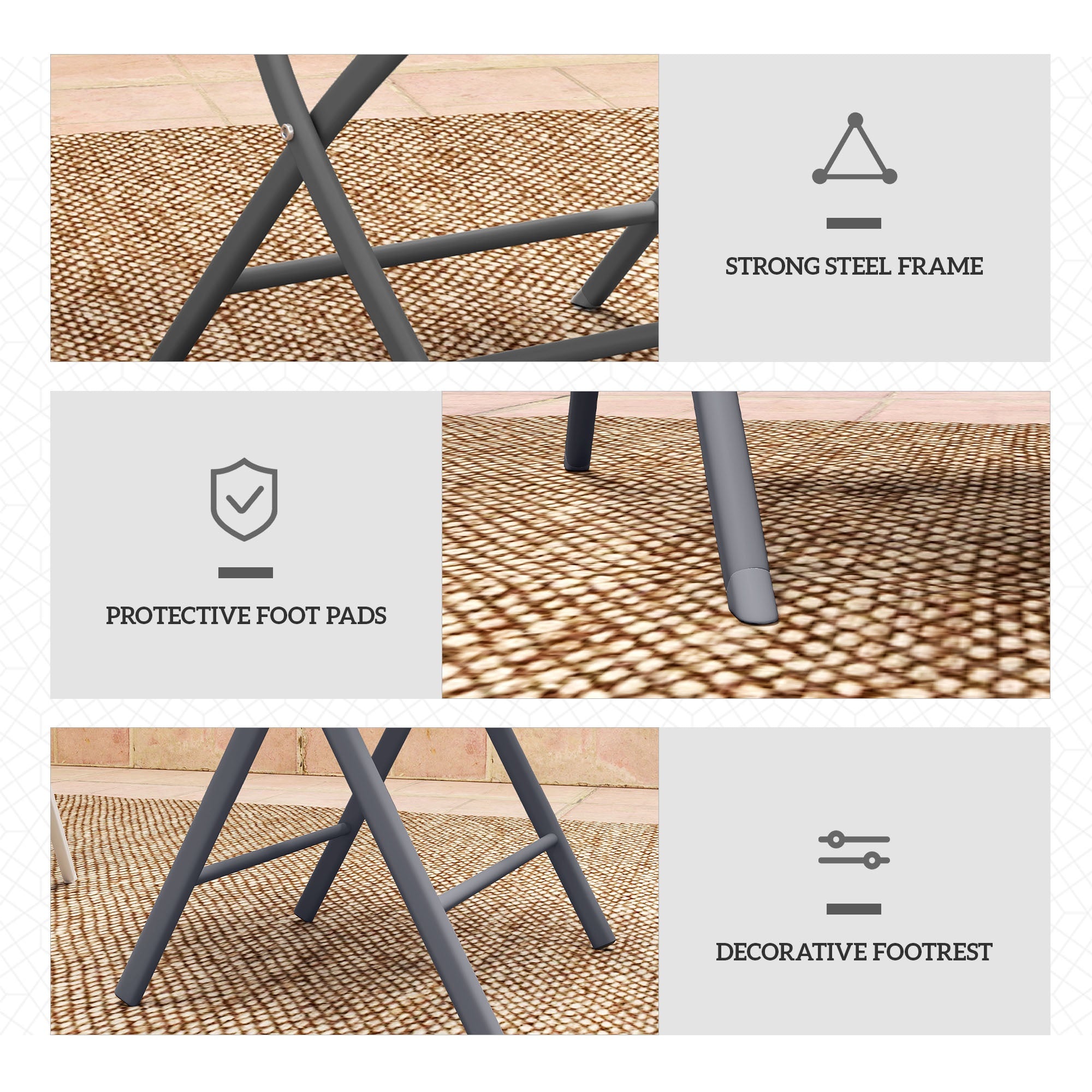 3 Pieces Outdoor Bistro Set, Glass Top Outdoor Table and 2 Folding Chairs with Protecting Feet, Grey