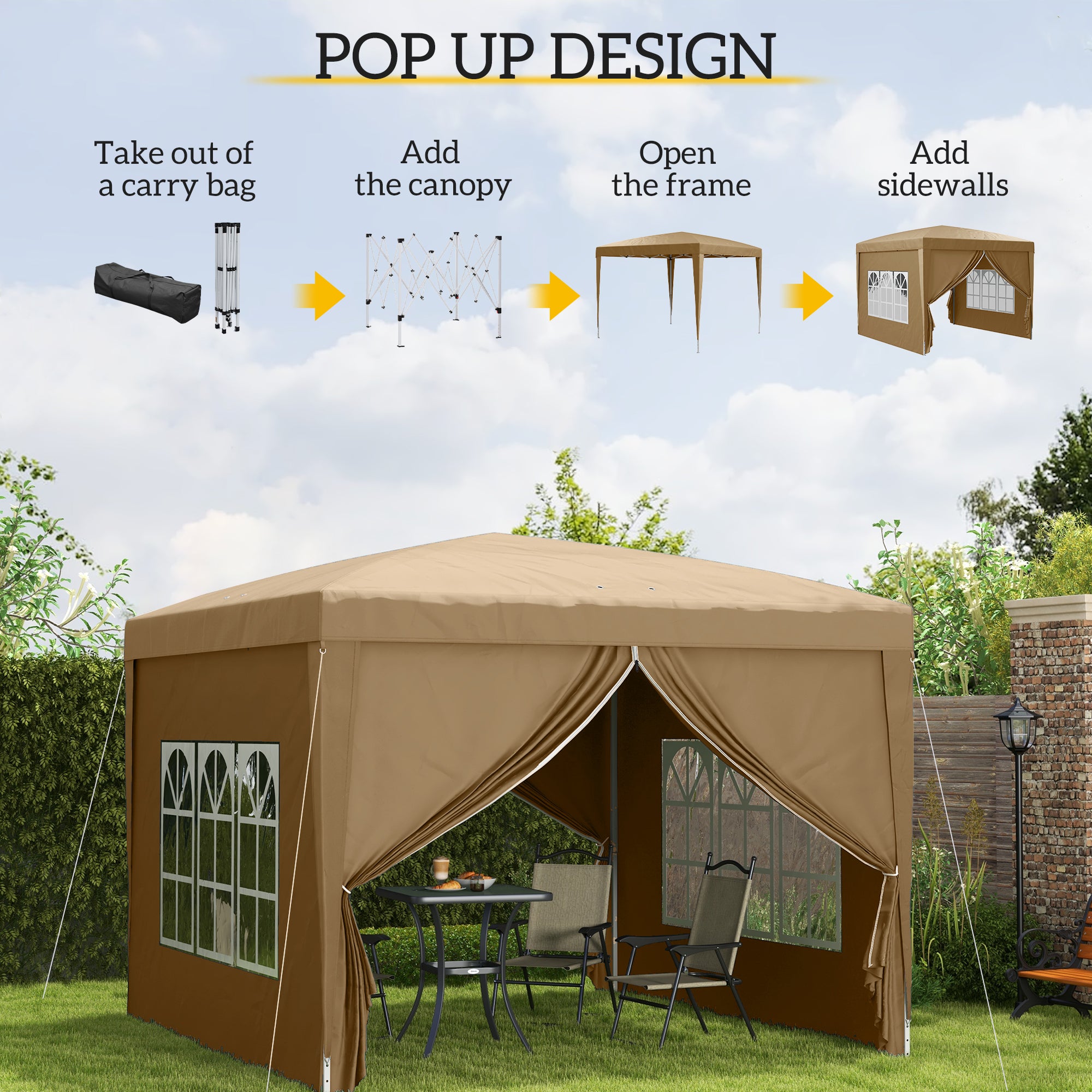 3 by 3 Metre Pop Up Gazebo with Removable Walls - Khaki