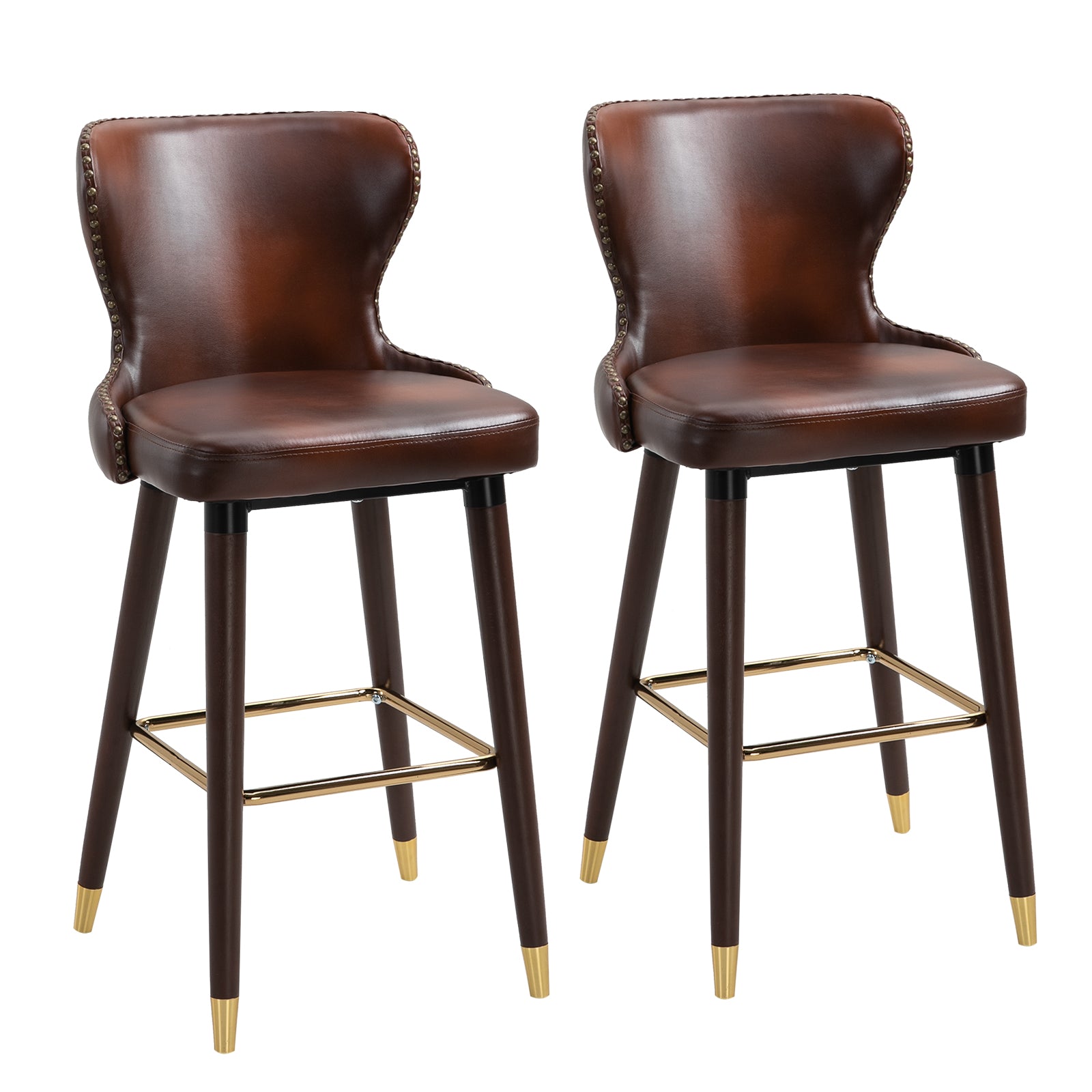 Bar Stools Set of 2, PU Leather Upholstered Breakfast Bar Chairs with 71cm Seat Height, Retro Kitchen Stools with Wingbacks, Nailhead Trim and Footrest, Brown