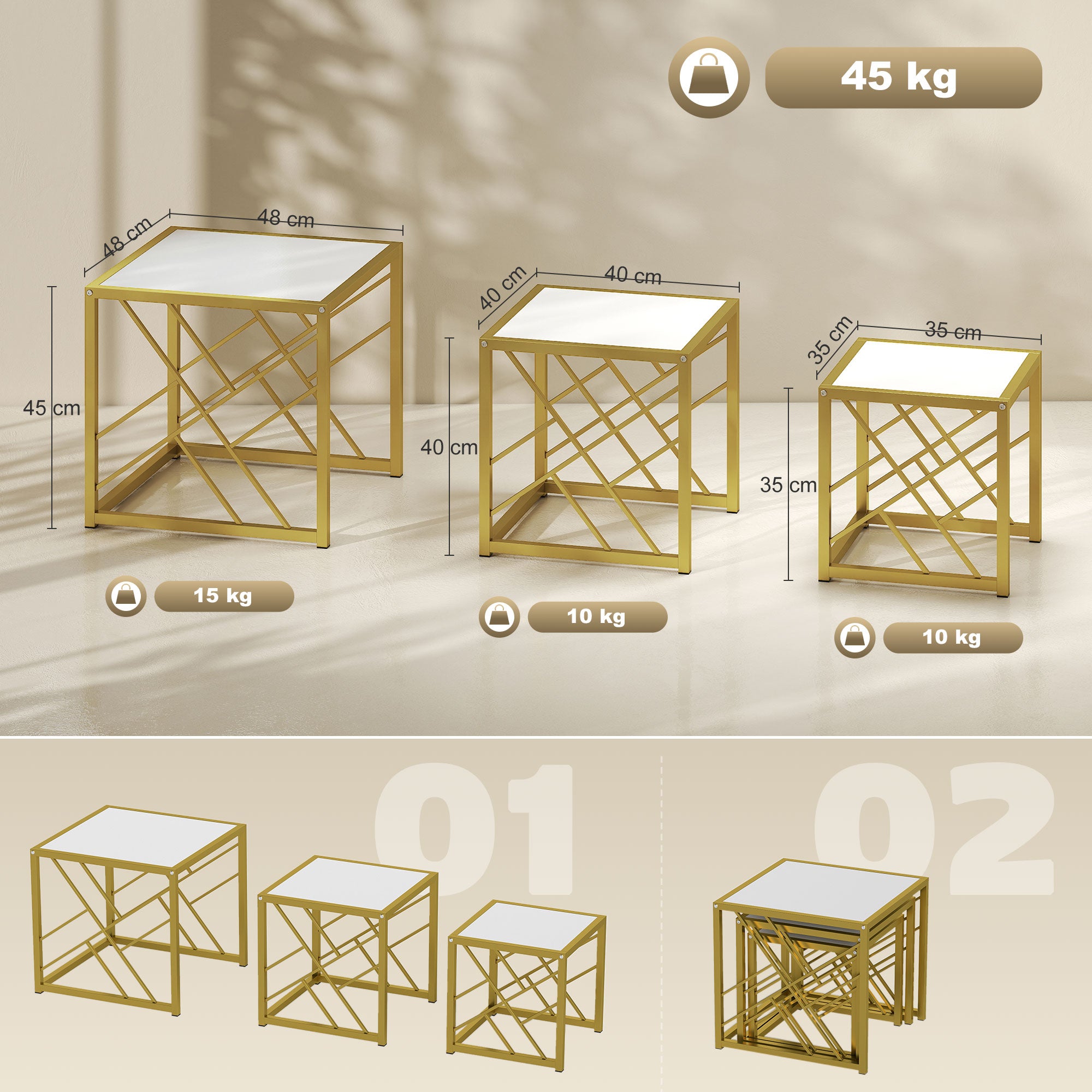 Nesting Coffee Tables, Set of 3 Square Side Tables with Black Metal Frame, for Living Room, Bedroom and Office, White