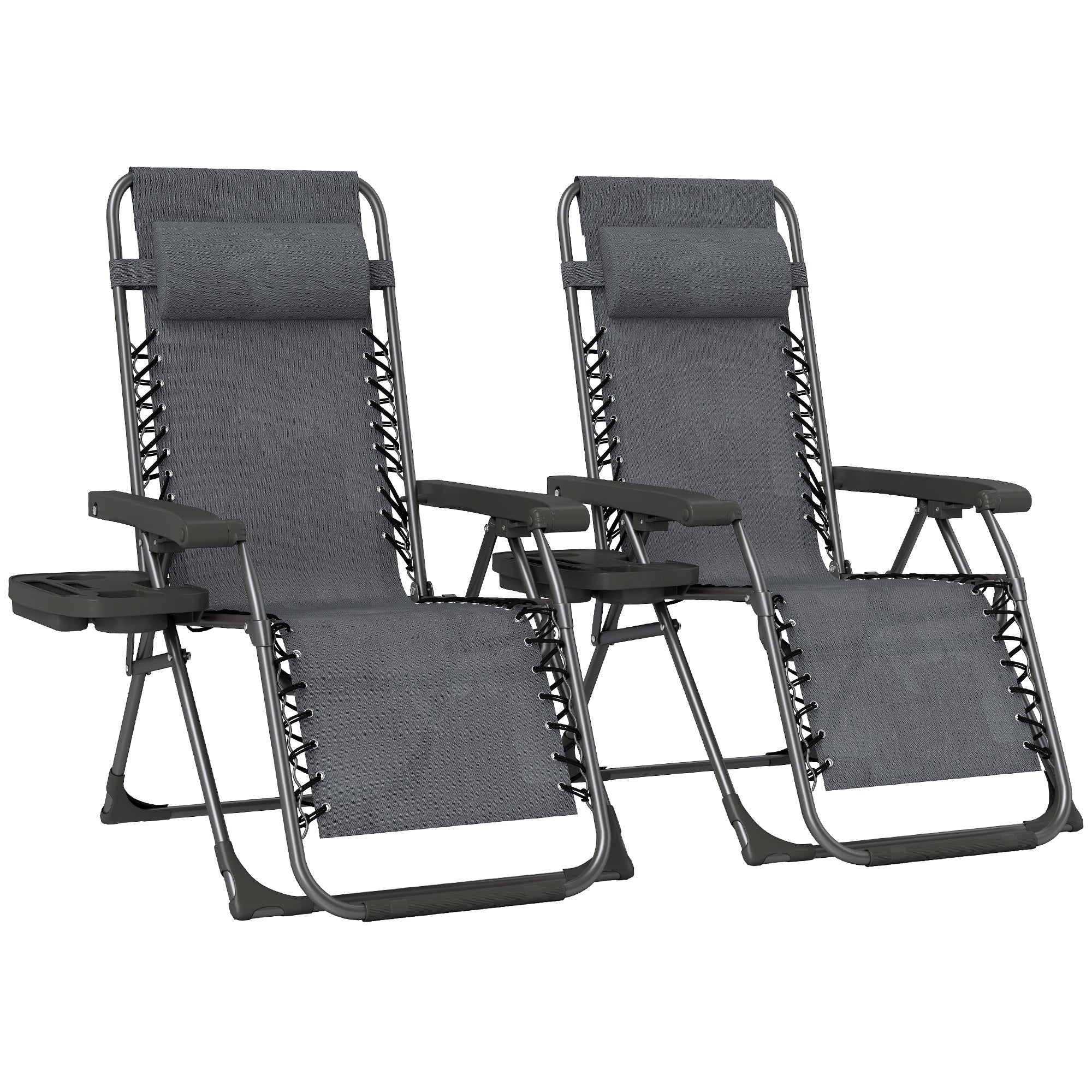 Zero Gravity Chairs Set of 2, Folding Sunloungers Reclining Garden Chairs with Cup Holder, Headrest, Dark Grey