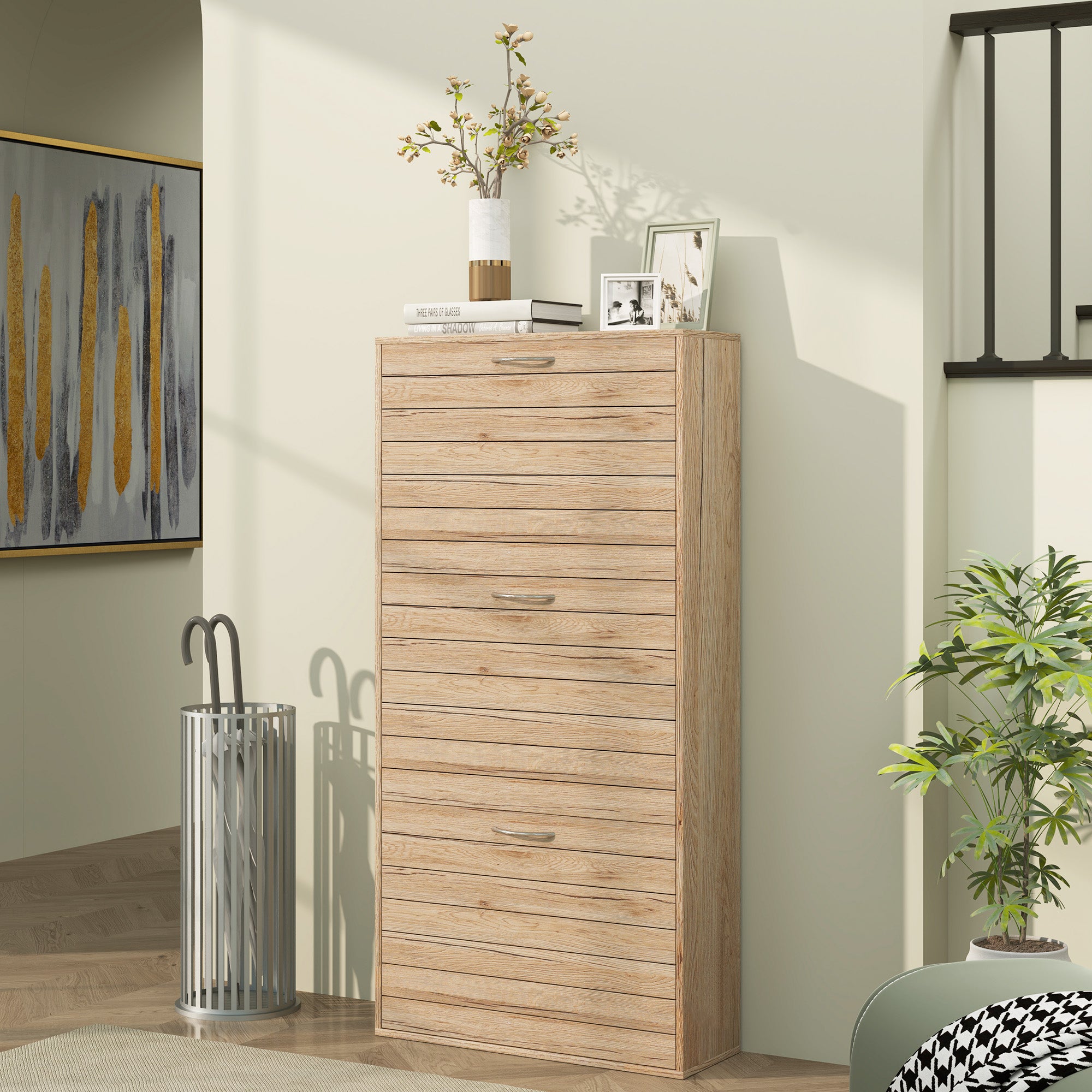 12-Shoe Flip Drawer Storage Cabinet with Adjustable Shelves - Brown Wood-Effect
