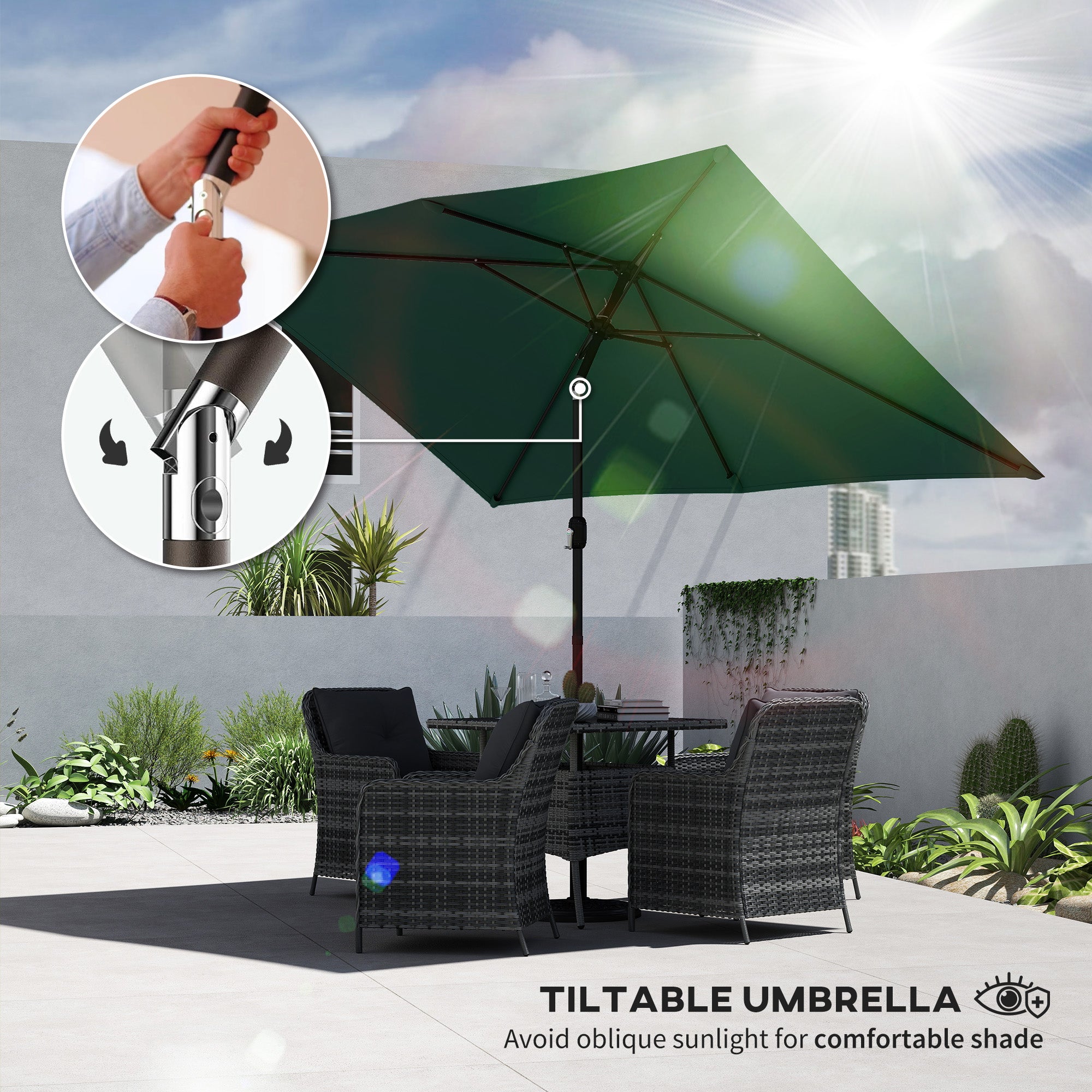 Garden Parasol, Parasol Umbrella with Crank Handle, Tilt Function, Polyester Canopy, Green