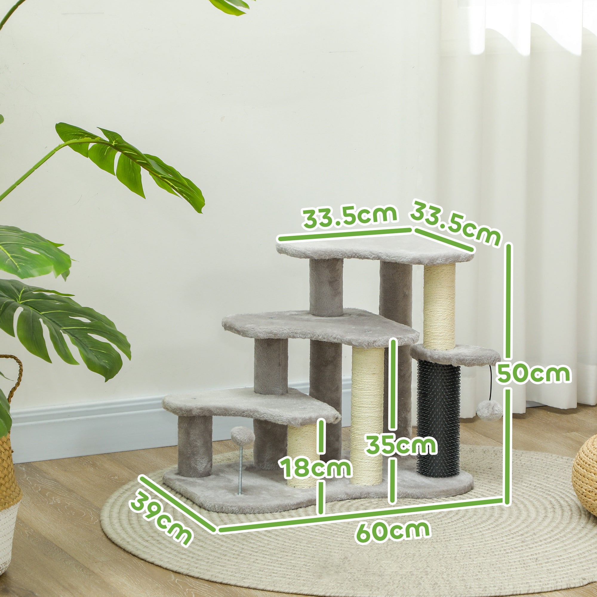 2-in-1 Cat Tree, Pet Stairs w/ Scratching Post, Toy Balls, for Bed, Sofa, Couch, Light Grey