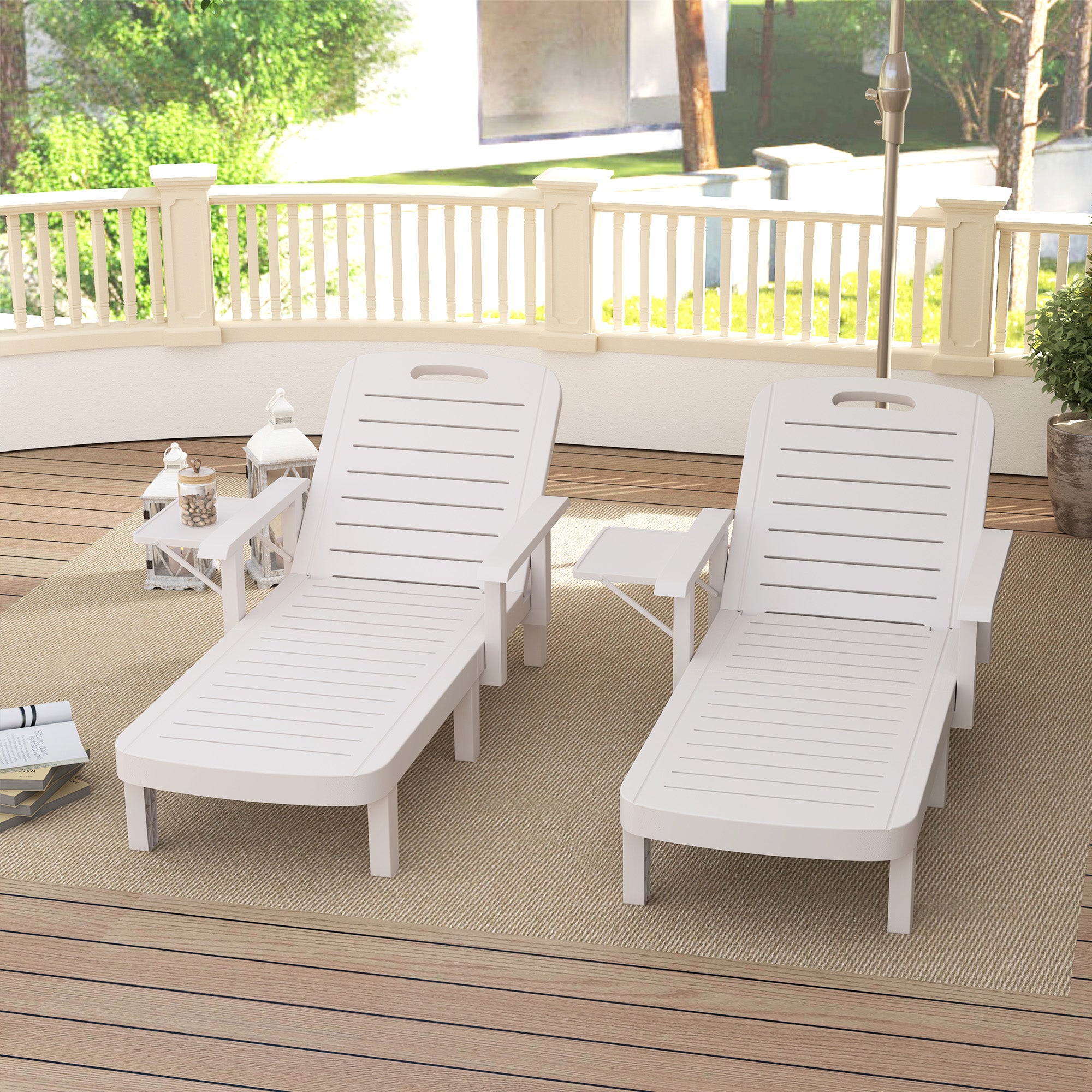 Set of 2 Resin Reclining Sun Loungers for Garden, 5 Positions Adjustable Outdoor Chaise Lounge Chairs with Wood Texture Surface, Armrests, Foldable Side Table for Garden, Beach, White