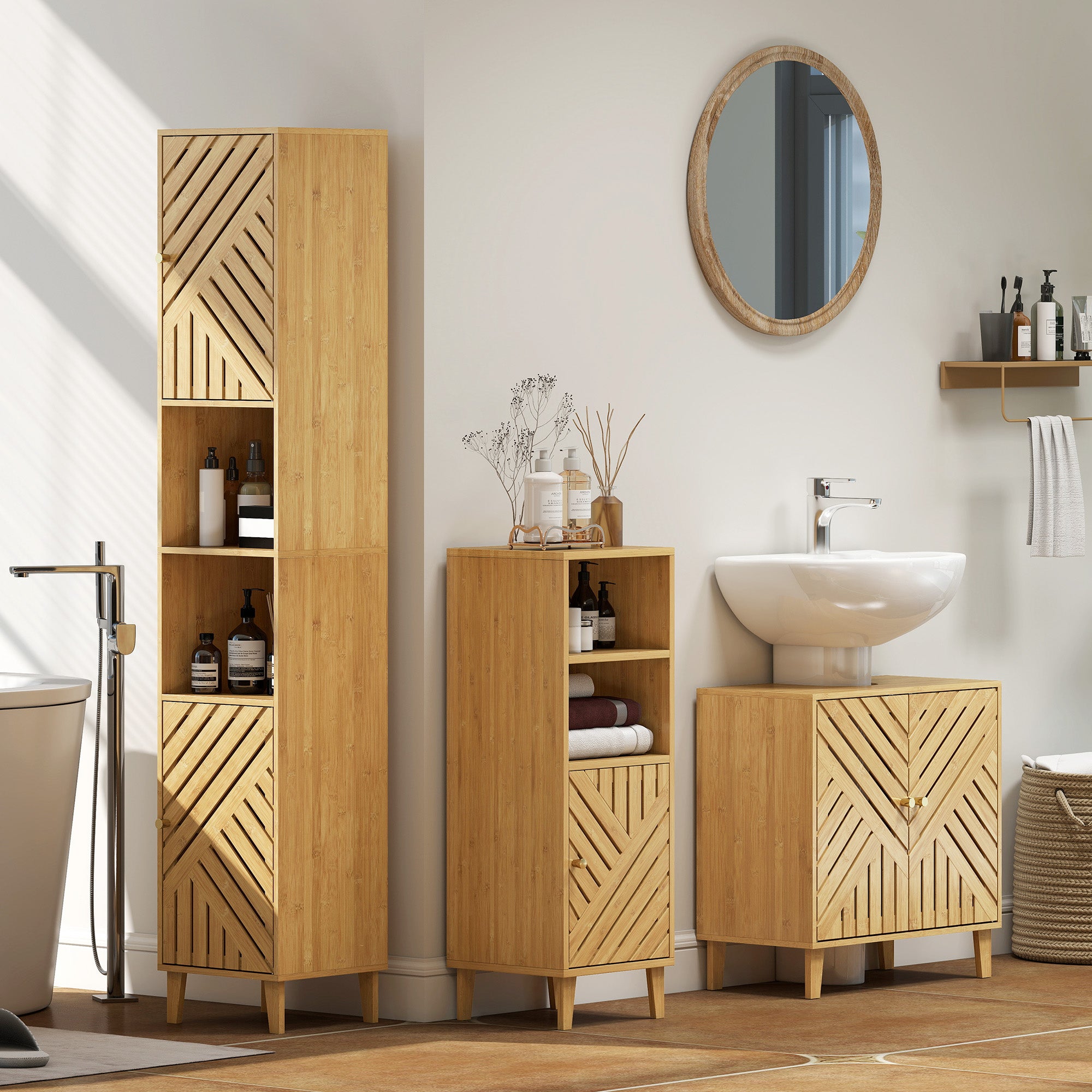 Slim Bathroom Cabinet with Bamboo Door and Legs, Narrow Bathroom Storage Cabinet, Freestanding Storage Cupboard with Open Compartments, 32 x 30 x 90 cm, Natural Wood Finish