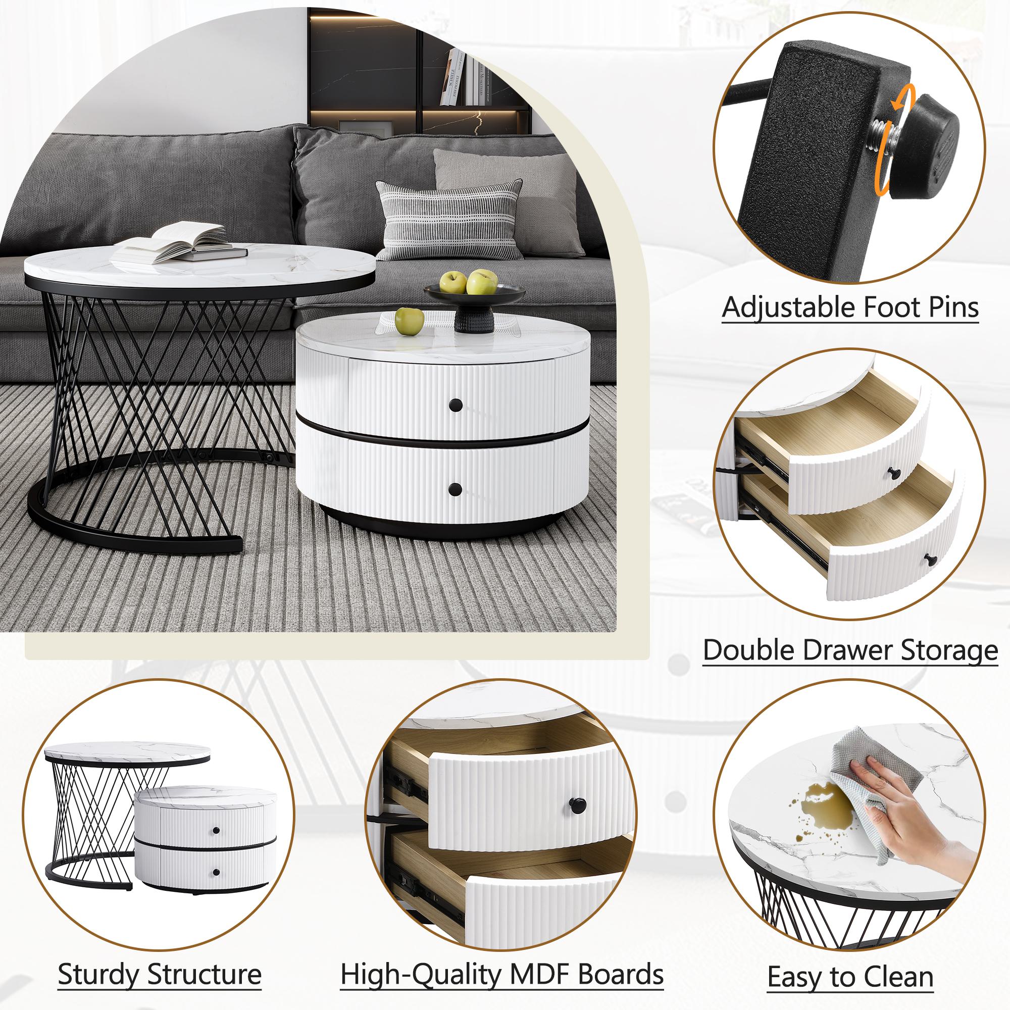 2 Piece High Gloss Round Nesting Coffee Table Set with Marble-Effect Top, Living Room Tables with Storage Drawers, White+Black