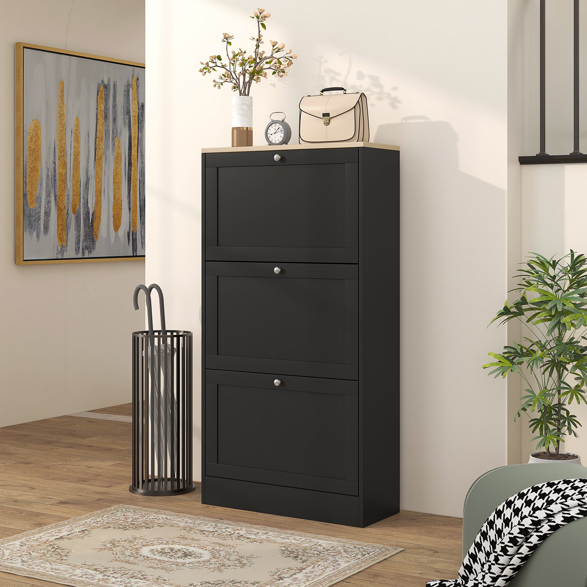 Modern Compact Three-Drawer Shoe Storage Cabinet with Adjustable Shelves - Black