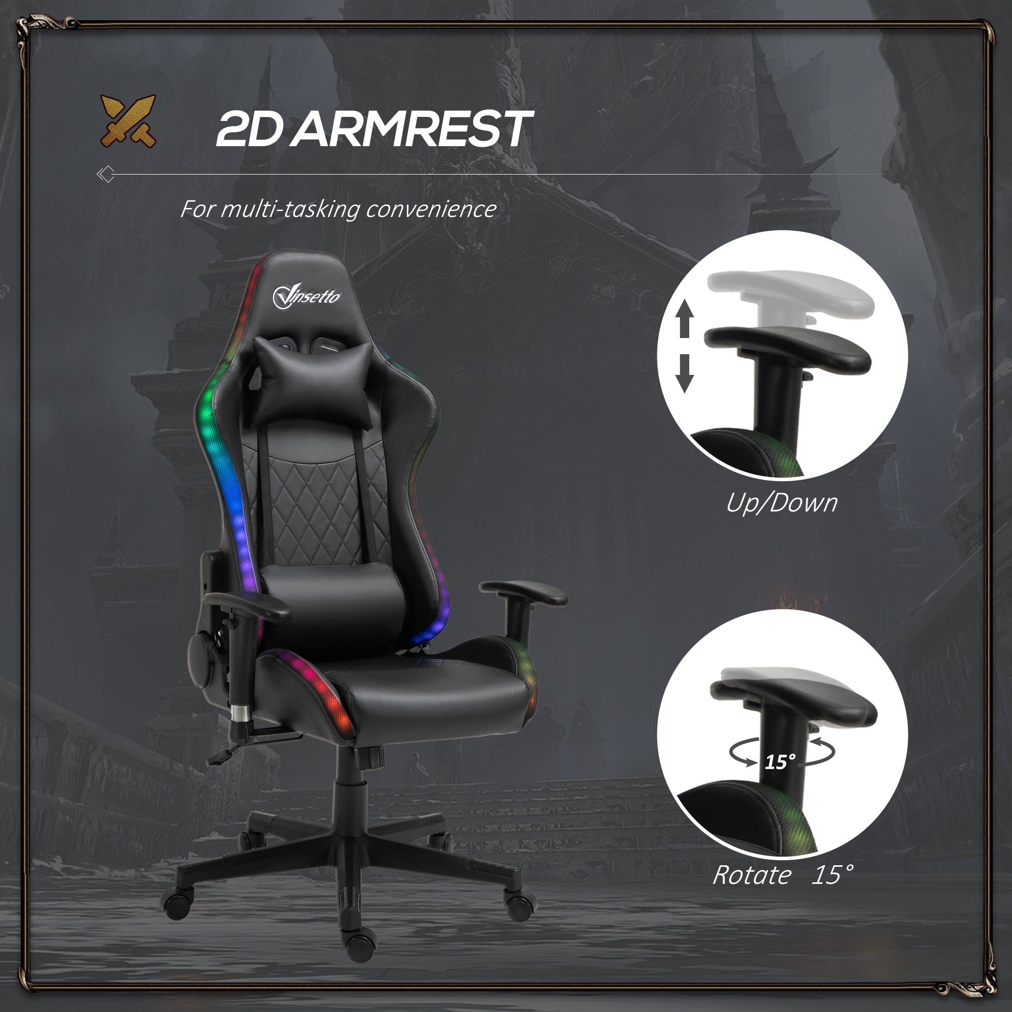 Gaming Chair with RGB LED Light, 2D Arm, Lumbar Support, Height Adjustable Swivel Office Computer Recliner, Racing Gamer Desk Chair for Home, Black