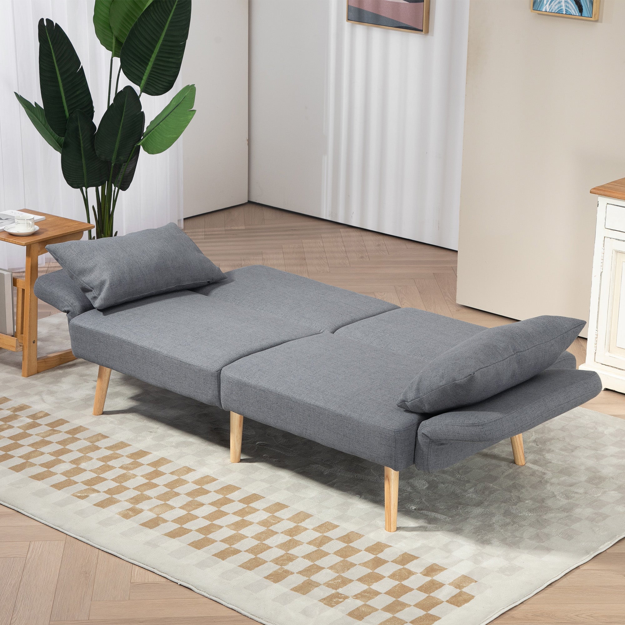 Two-Seater Click-Clack Sofa Bed, with Pillows - Grey