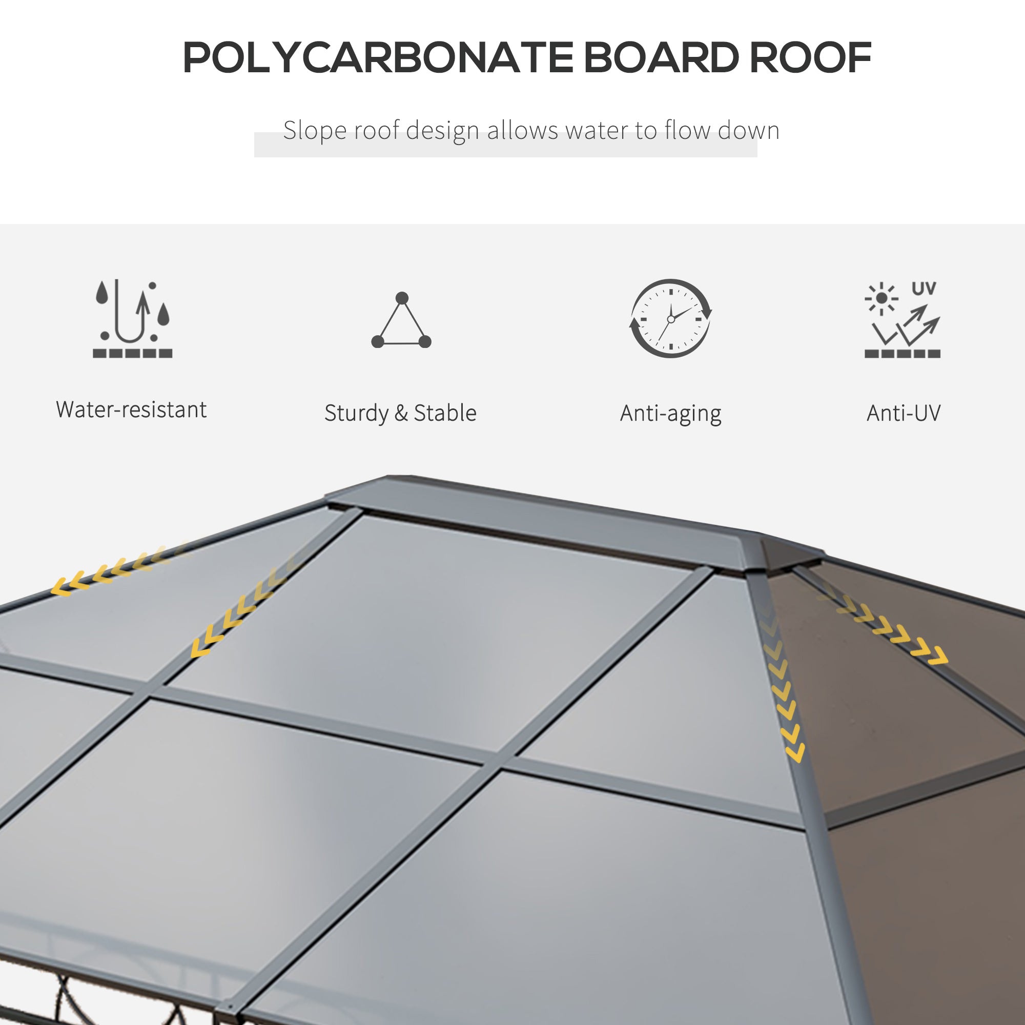 Hardtop Gazebo Garden Pavilion with UV Resistant Polycarbonate Roof, Curtains, Steel & Aluminium Frame, 3 x 4m, Grey