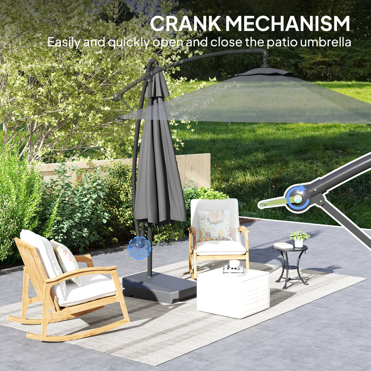 3m Garden Cantilever Parasol with Fillable Base, Wind Straps, Crank Handle & Tilt, UPF50+ Round Hanging Umbrella - Grey