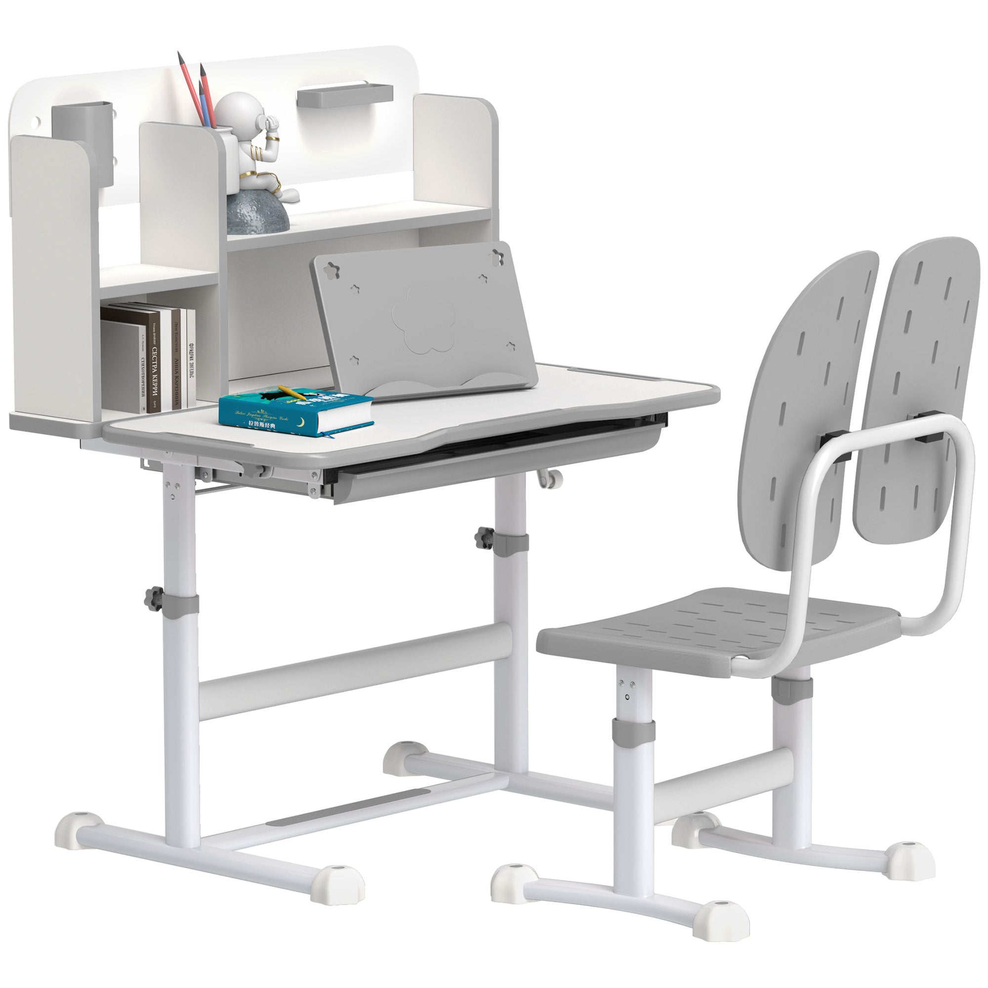 Height Adjustable Kids Desk and Chair Set, Children School Study Desk with Tiltable Desktop, Reading Rack, Grey