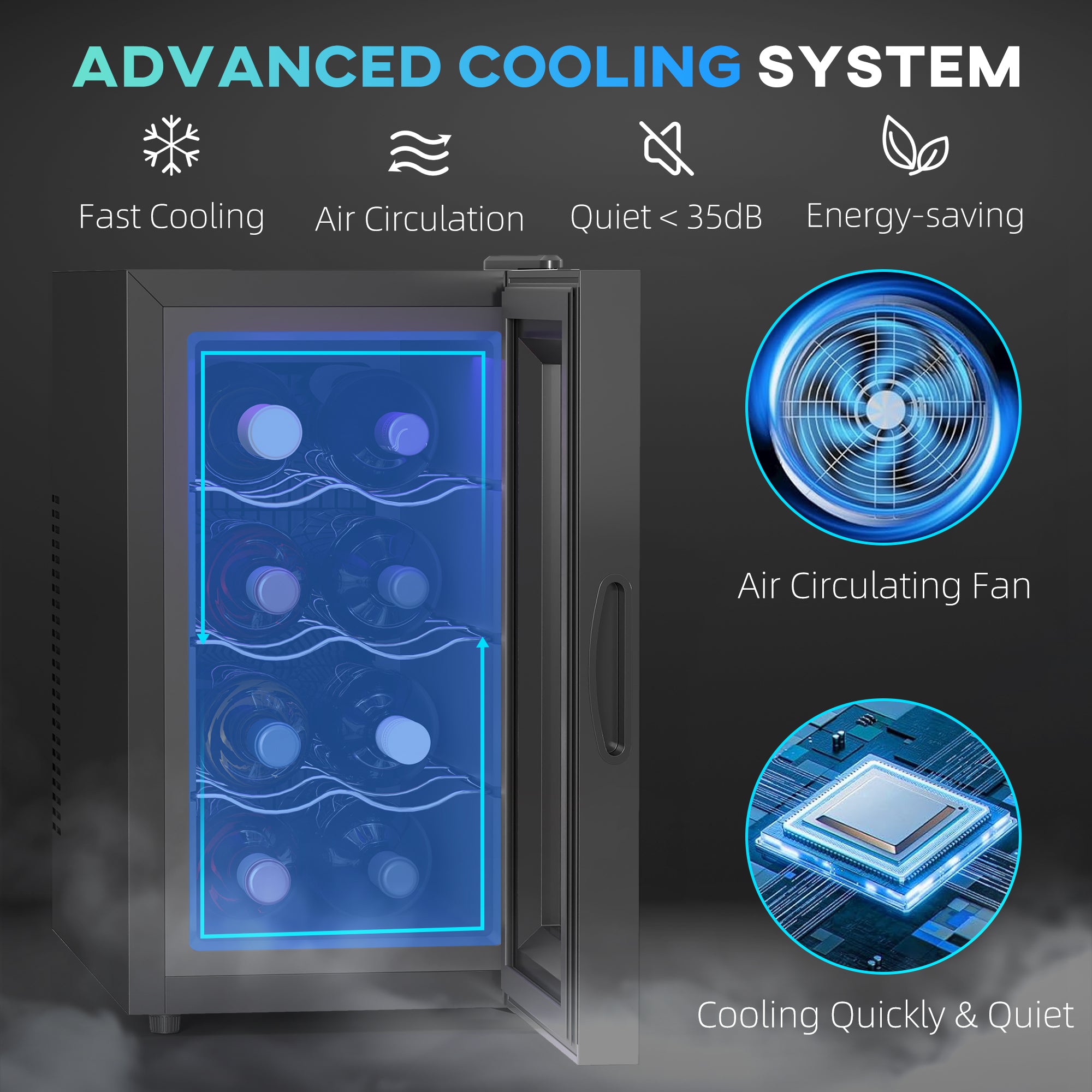 Mini Wine Fridge, 8 Bottle, 21L, 26.5cm, Freestanding and Under Counter, Quiet Wine Cooler Fridge with Glass Door, LED Light, Digital Touch Screen, Temperature Control