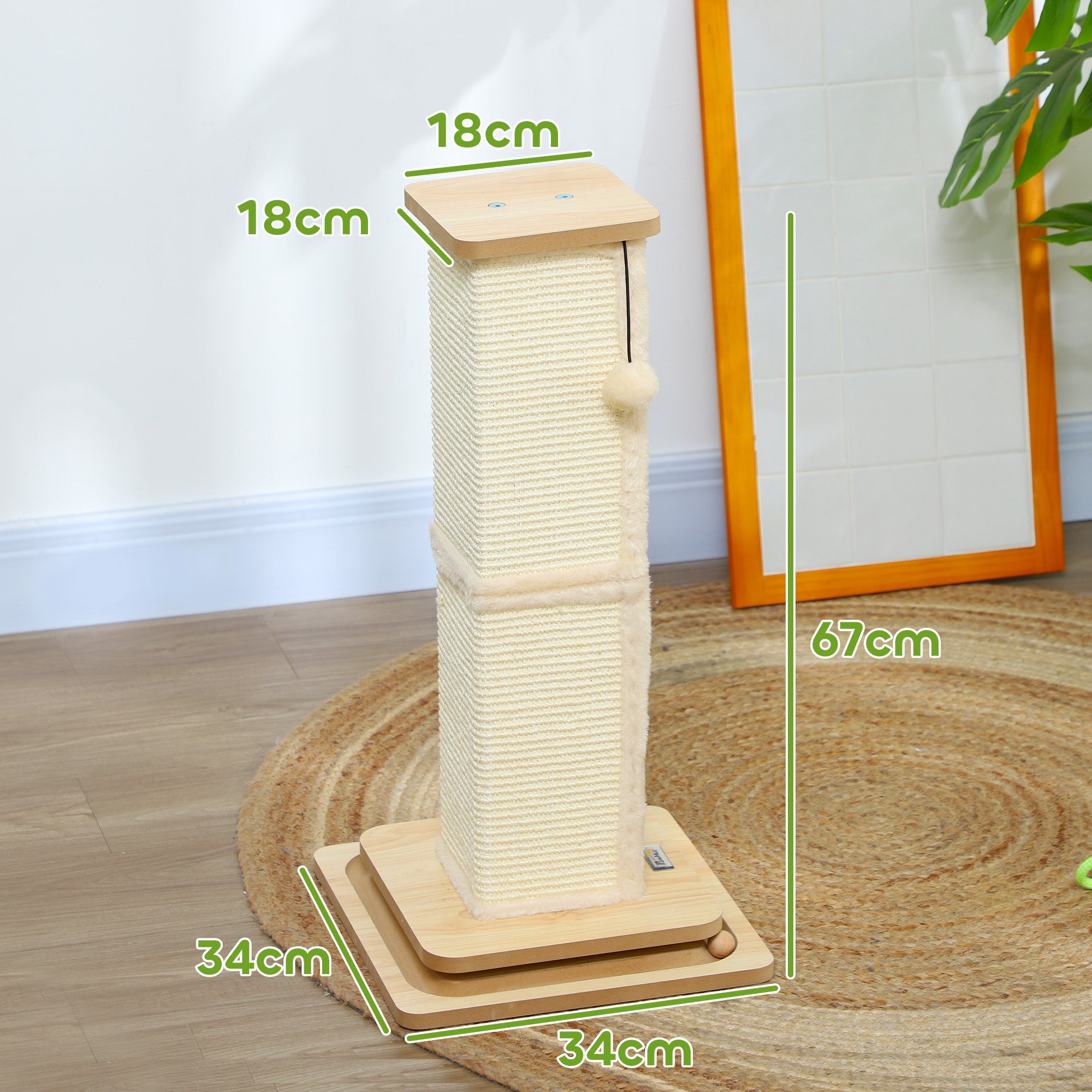 3-in-1 Cat Scratching Post, 67cm Cat Scratcher w/ Track Ball Toy, Oak Tone