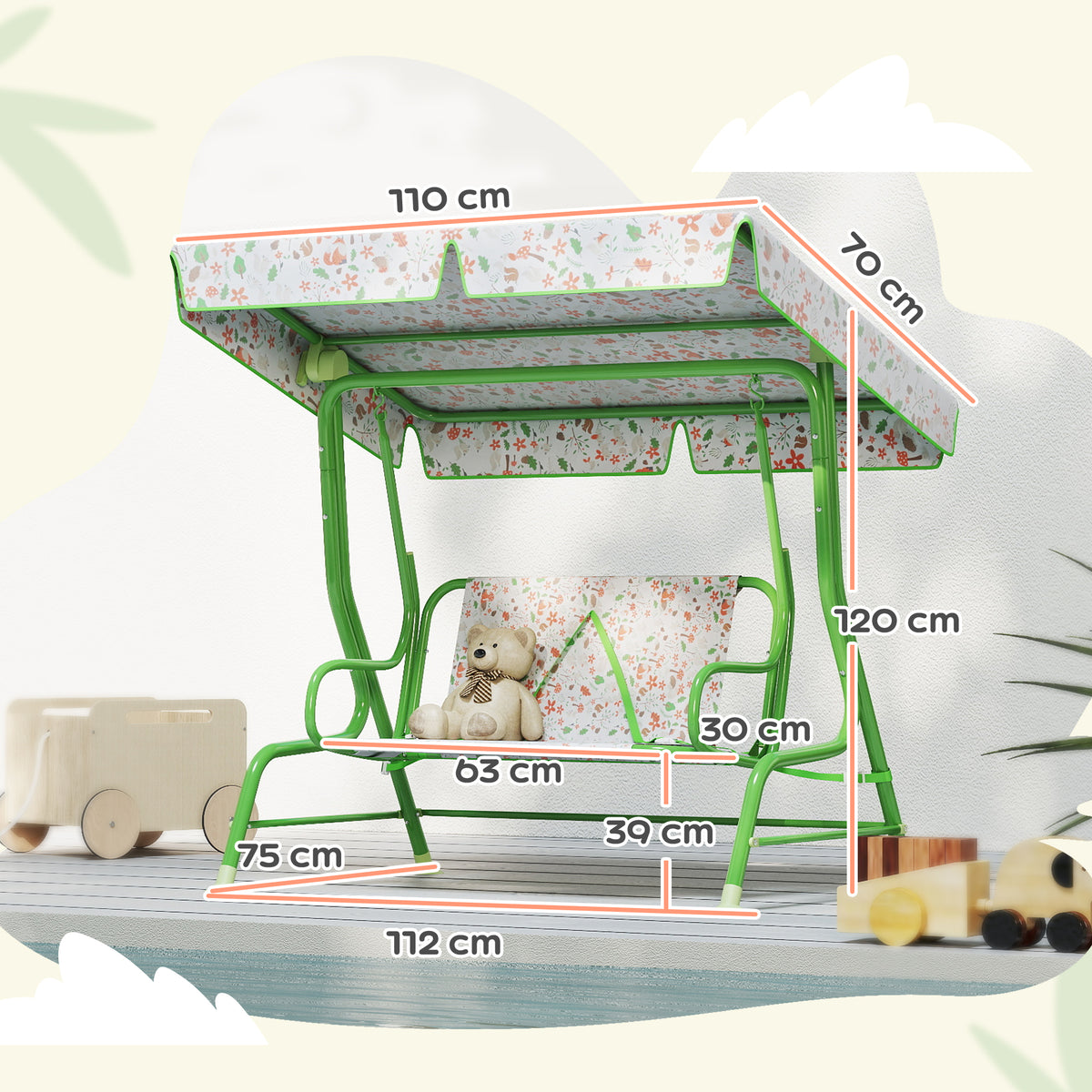 2 Seater Kids Garden Swing Bench with Adjustable Canopy - Green