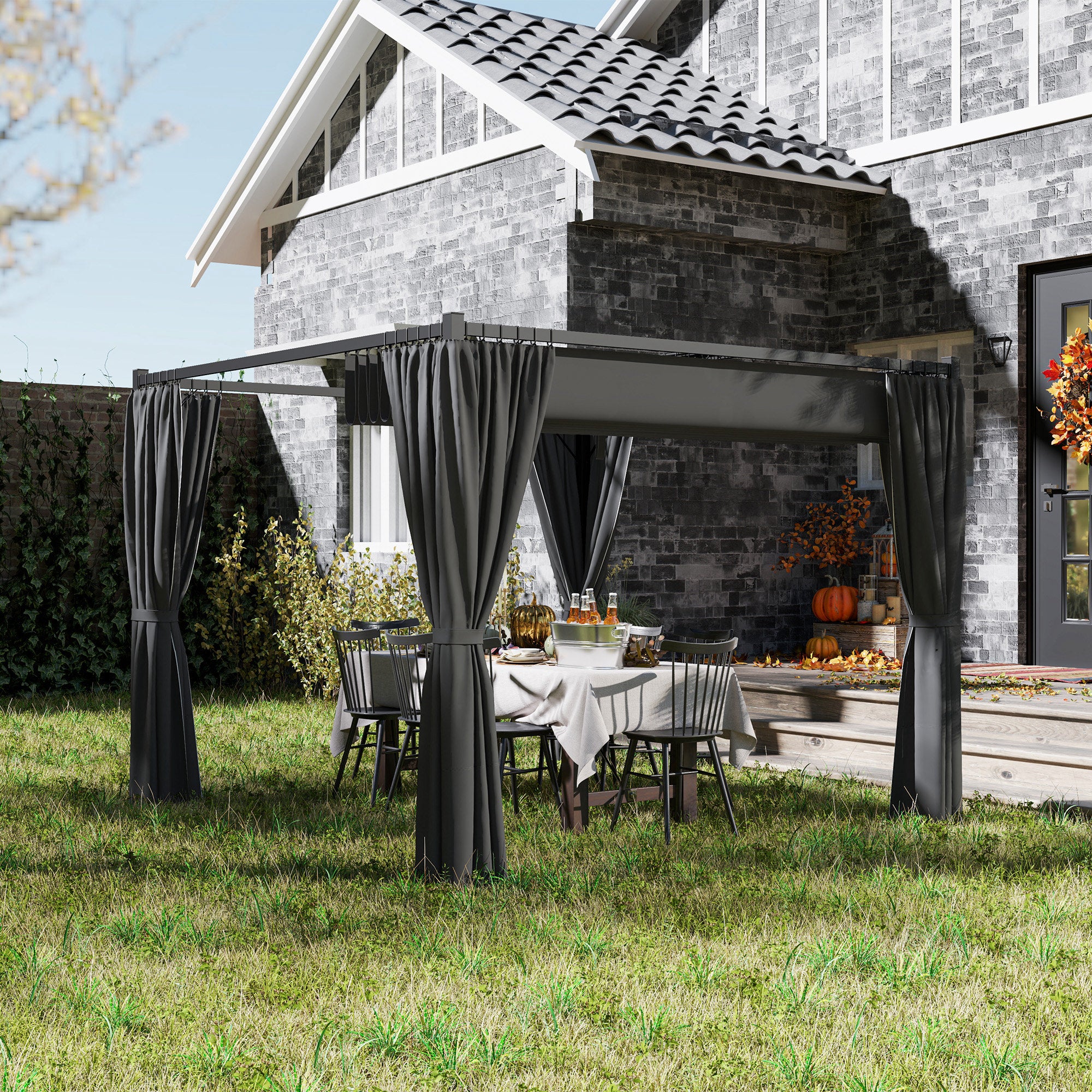 3 x 3m Retractable Pergola with Curtains for Garden, Patio, Deck - Charcoal Grey