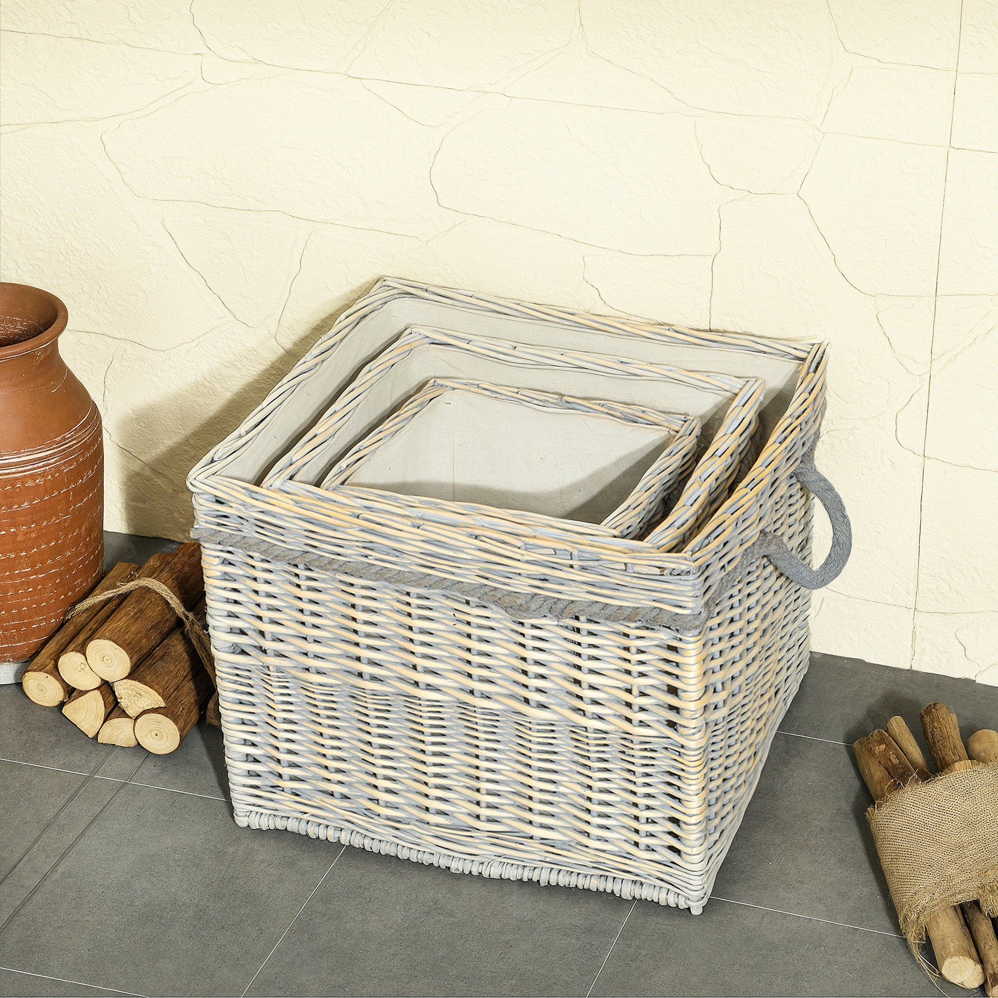 Set of 3 Log Baskets for Wood Burner Indoor, Storage Basket with Lining and Rope Handles, Wicker Basket for Fireside Storage, Blankets, Beige