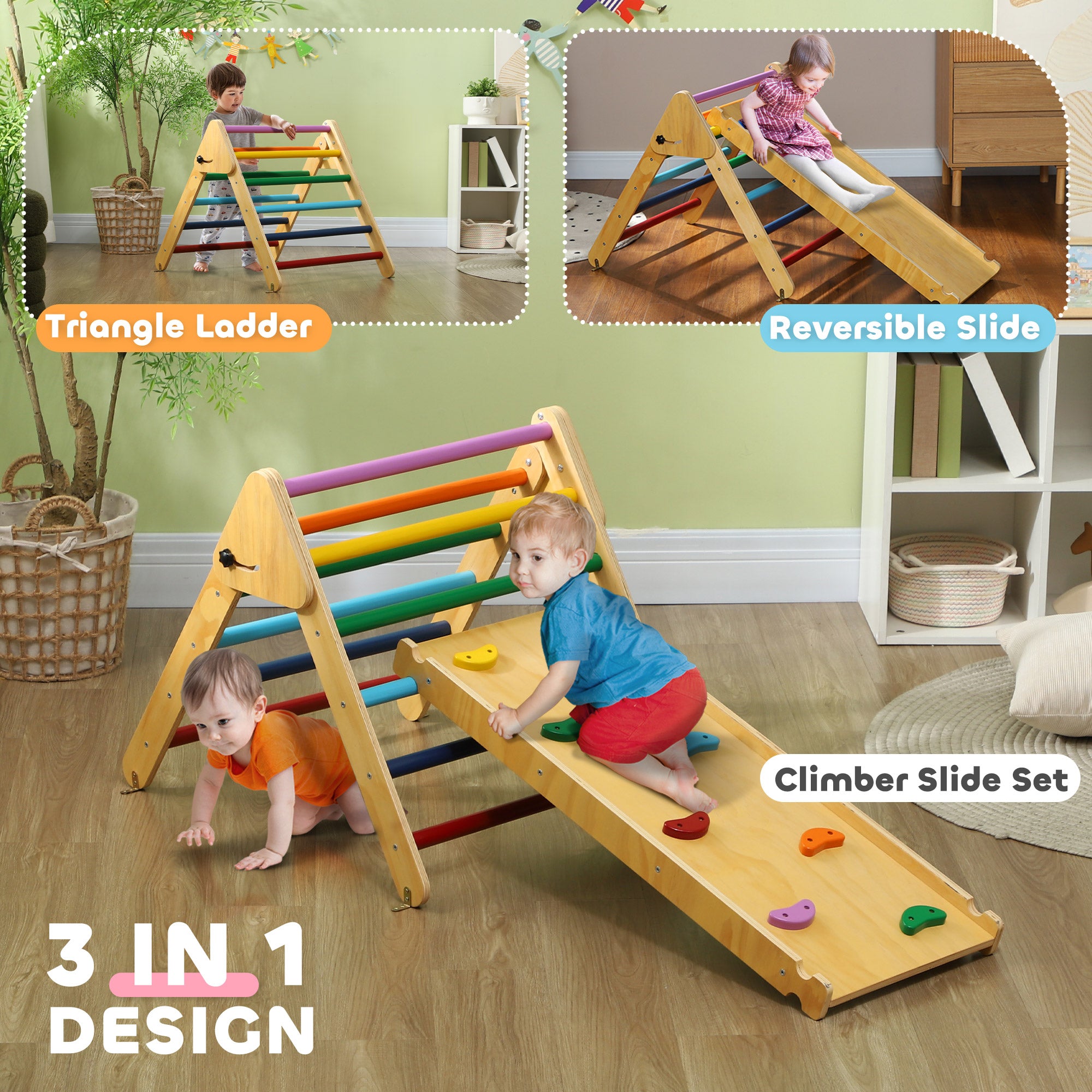 Toddler Climbing Frame for Kids, with Ramp, 3-in-1 Wooden Pikler Triangle Set for 18-48 Months, Multicolour