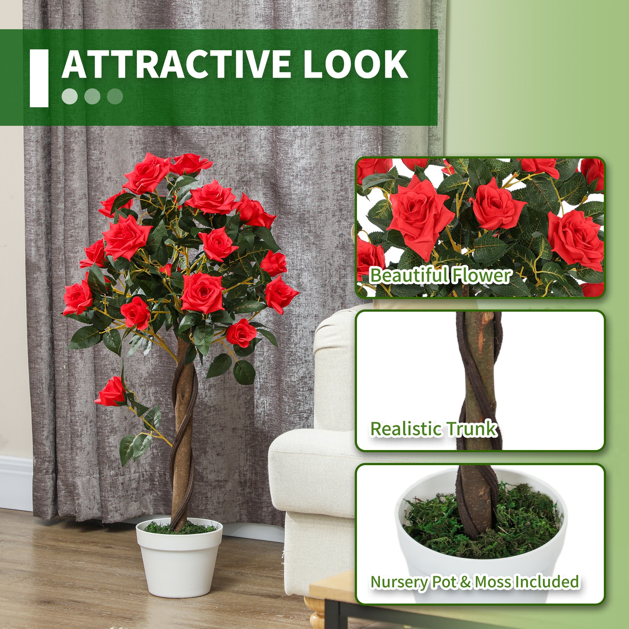 Set of 2 Artificial Plants White Rose Floral in Pot, Fake Plants for Home Indoor Outdoor Decor, 90cm, Red