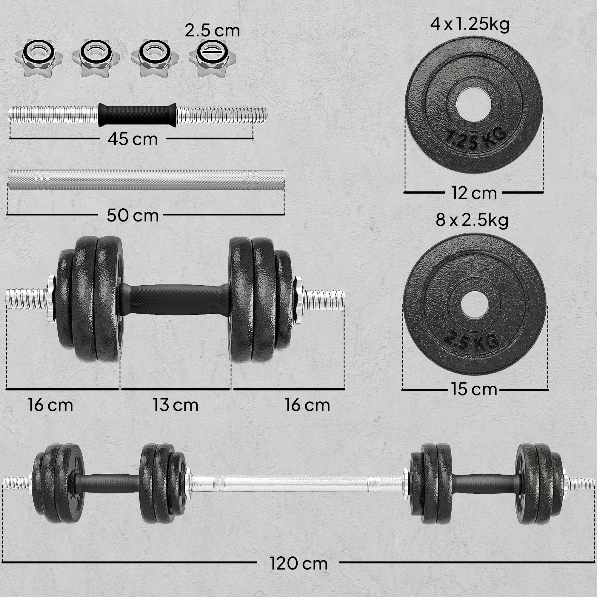 2-in-1 Adjustable Dumbbells Set, 30kg Cast Iron Weights Dumbbells Set with Non-Slip Grip for Strength Training, Weight Lifting, Bodybuilding, Home Gym Workout Equipment for Men & Women