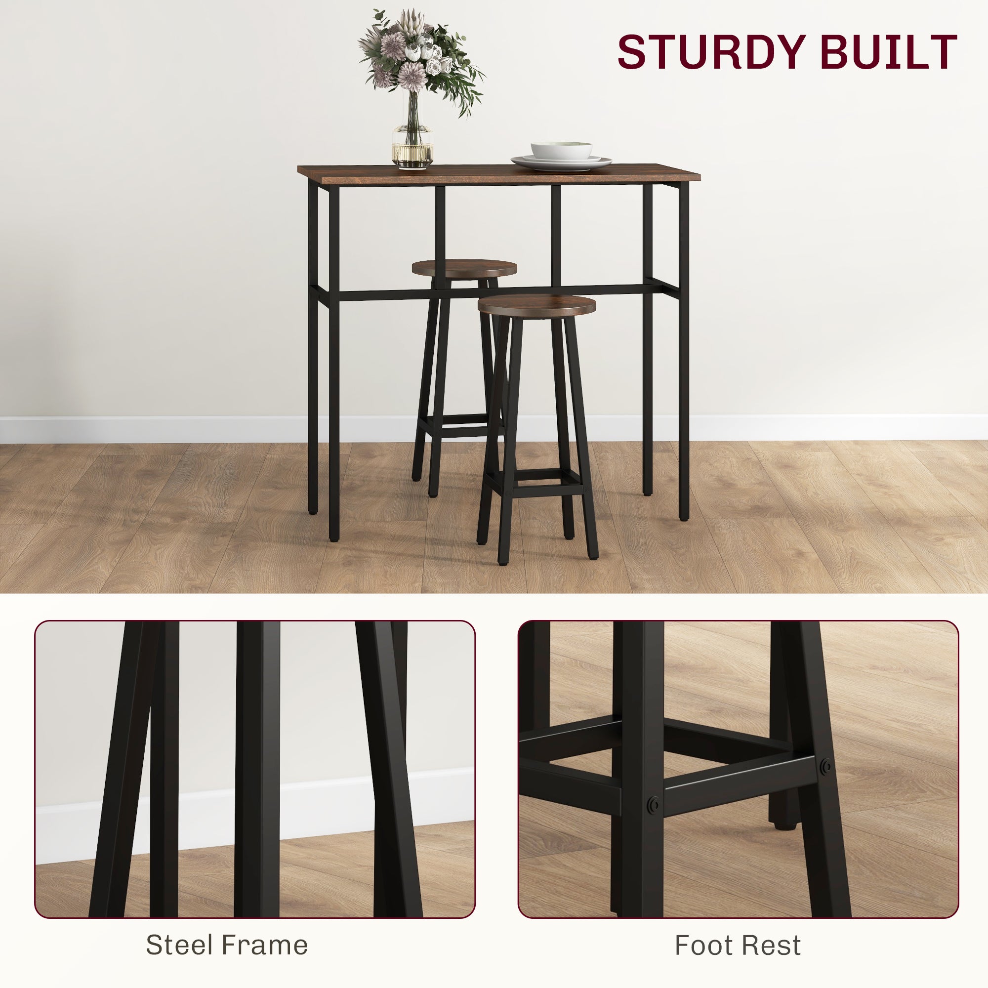 6-Piece Counter Height Bar Table Set with 2 Tables & 4 Stools - Rustic Brown