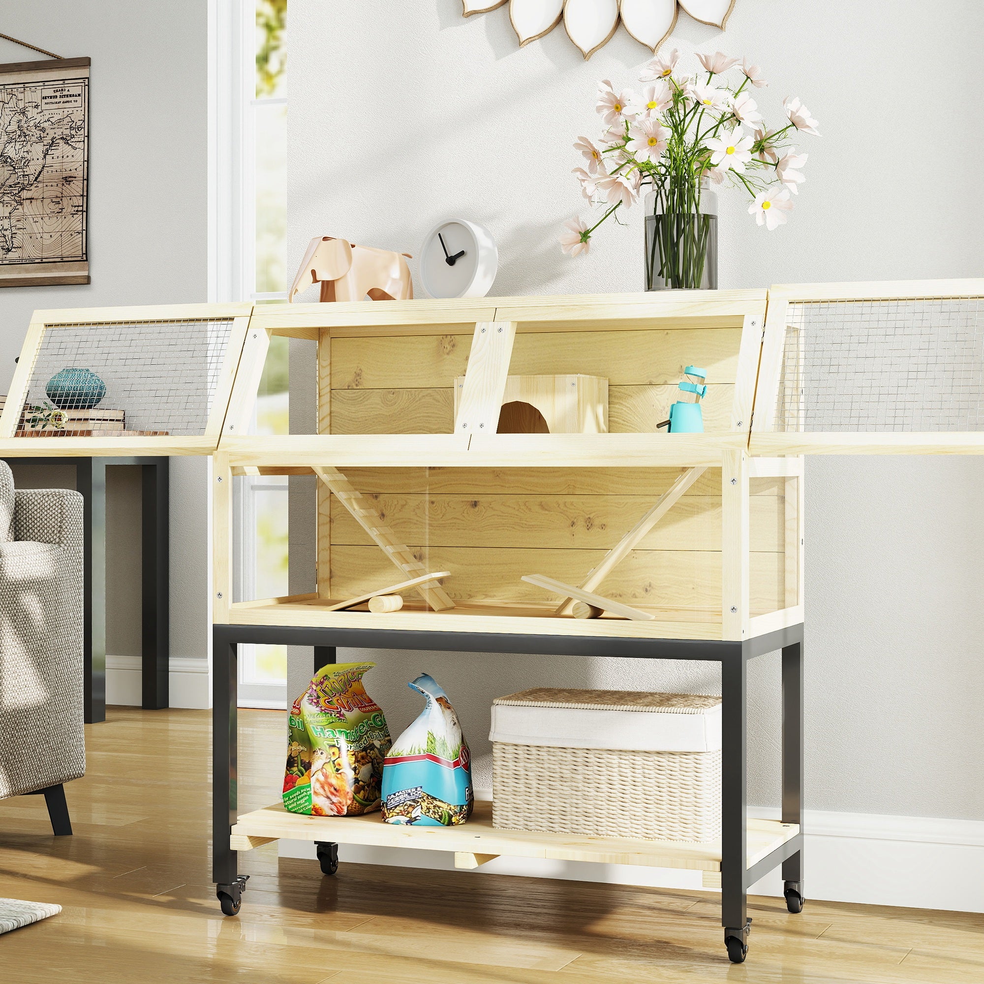 Wooden Hamster Cage with Storage Shelf, Wheels, Ramps, Water Bottle, Hut, Seesaws