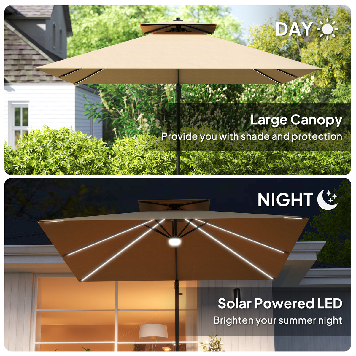 2.5m Cantilever Parasol with Solar LED Lights and 360° Rotation - Khaki