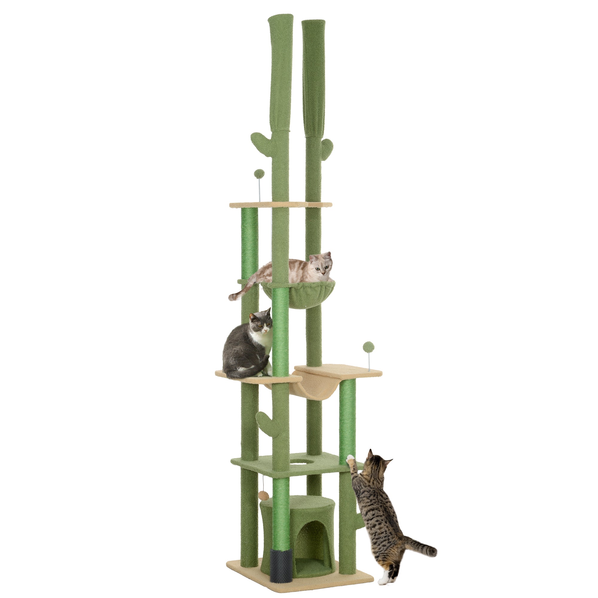 225-255cm Height Adjustable Floor to Ceiling Cat Tree, Tall Cat Tower for Indoor Cats w/ Scratching Posts - Green