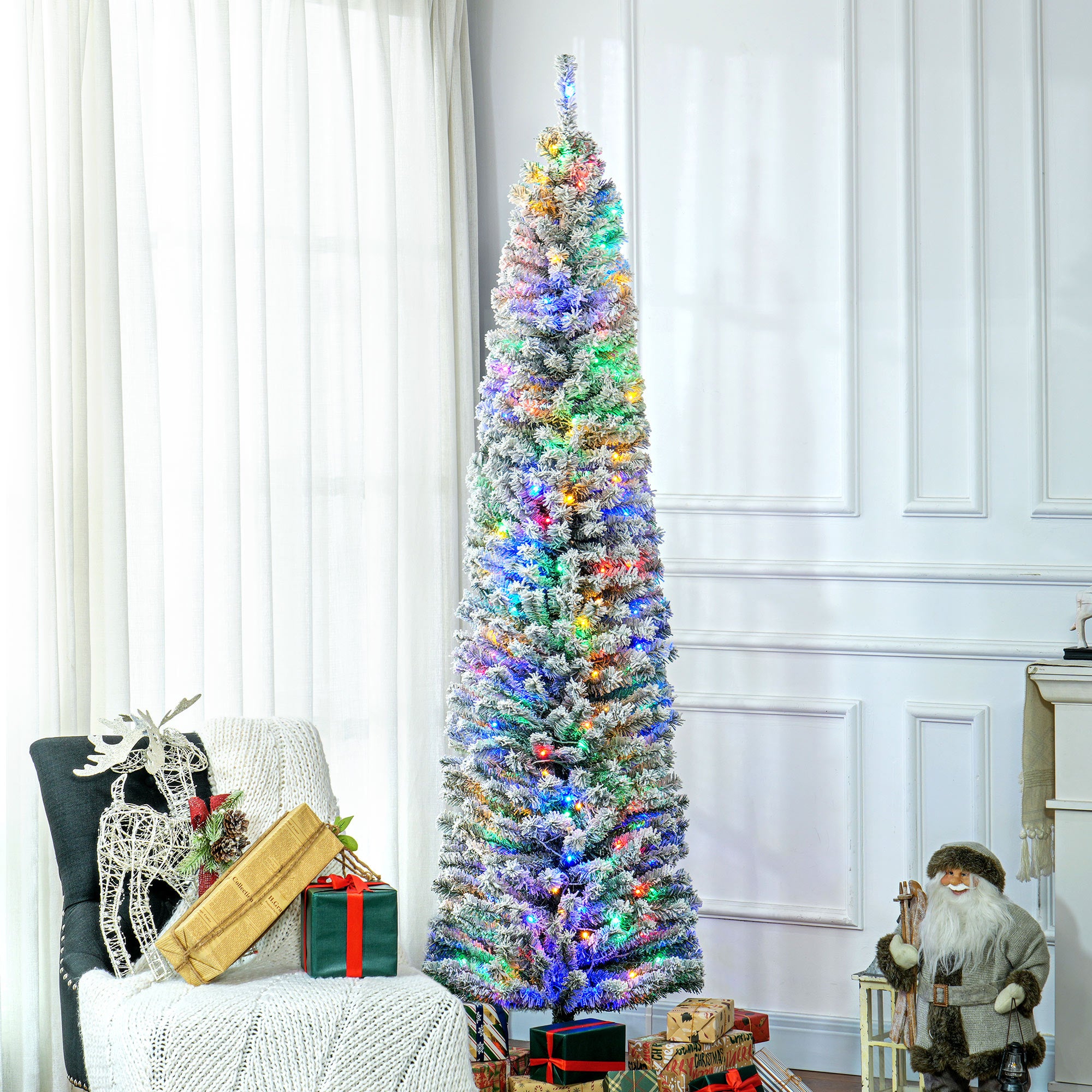 7' Artificial Prelit Christmas Trees Holiday D©cor with Colourful LED Lights, Flocked Tips, Berry, Pine Cone