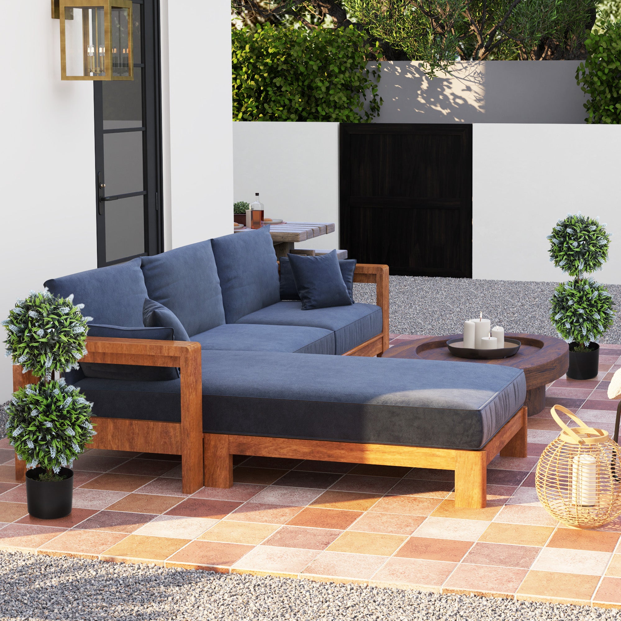 Set of 2 Decorative Artificial Plants Ball Trees with Lavender Flowers in Pot Fake Plants for Home Indoor Outdoor Decor, 70cm, Blue