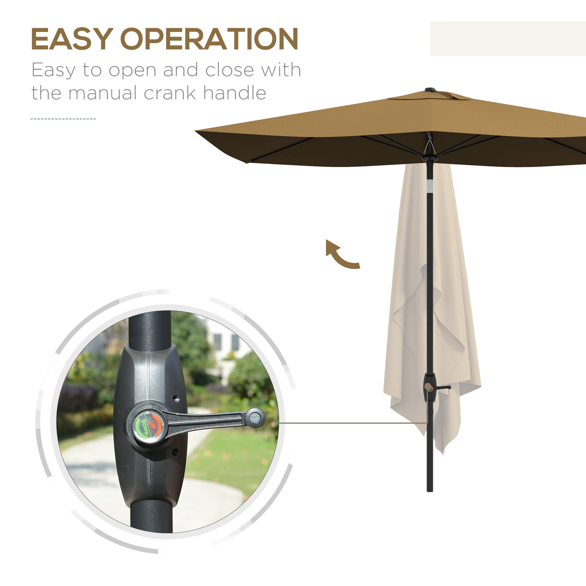 2 x 3(m) Garden Parasol Umbrella, Rectangular Outdoor Market Umbrella Sun Shade with Crank & Push Button Tilt, 6 Ribs, Aluminium Pole, Brown